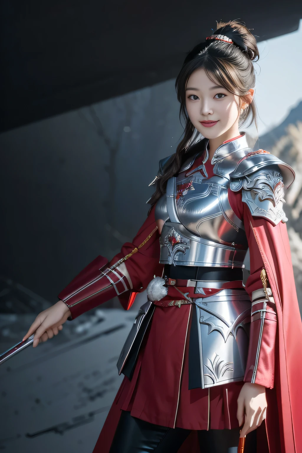 Chinese female general Hua Mulan,Vermilion Hufu lining,,Crimson cape,Silver metal breastplate,silver helmet,battlefield background,majestic,Smile(open mouth)(The corners of the mouth are raised),Leather tunic,Knee armor,Eight clones,silver metal headband,Hair bun raised high。wild wilderness background