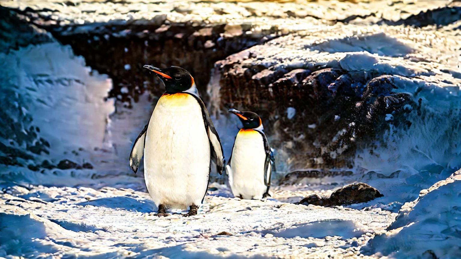 Emperor penguins, Antarctica, luxury fur, realistic, best quality, high quality, masterpiece, accurate depiction, detailed icebergs, snowy landscape, elegant posture, crystal-clear eyes, subtle shadows, dramatic lighting, vibrant colors, frozen atmosphere, serenity