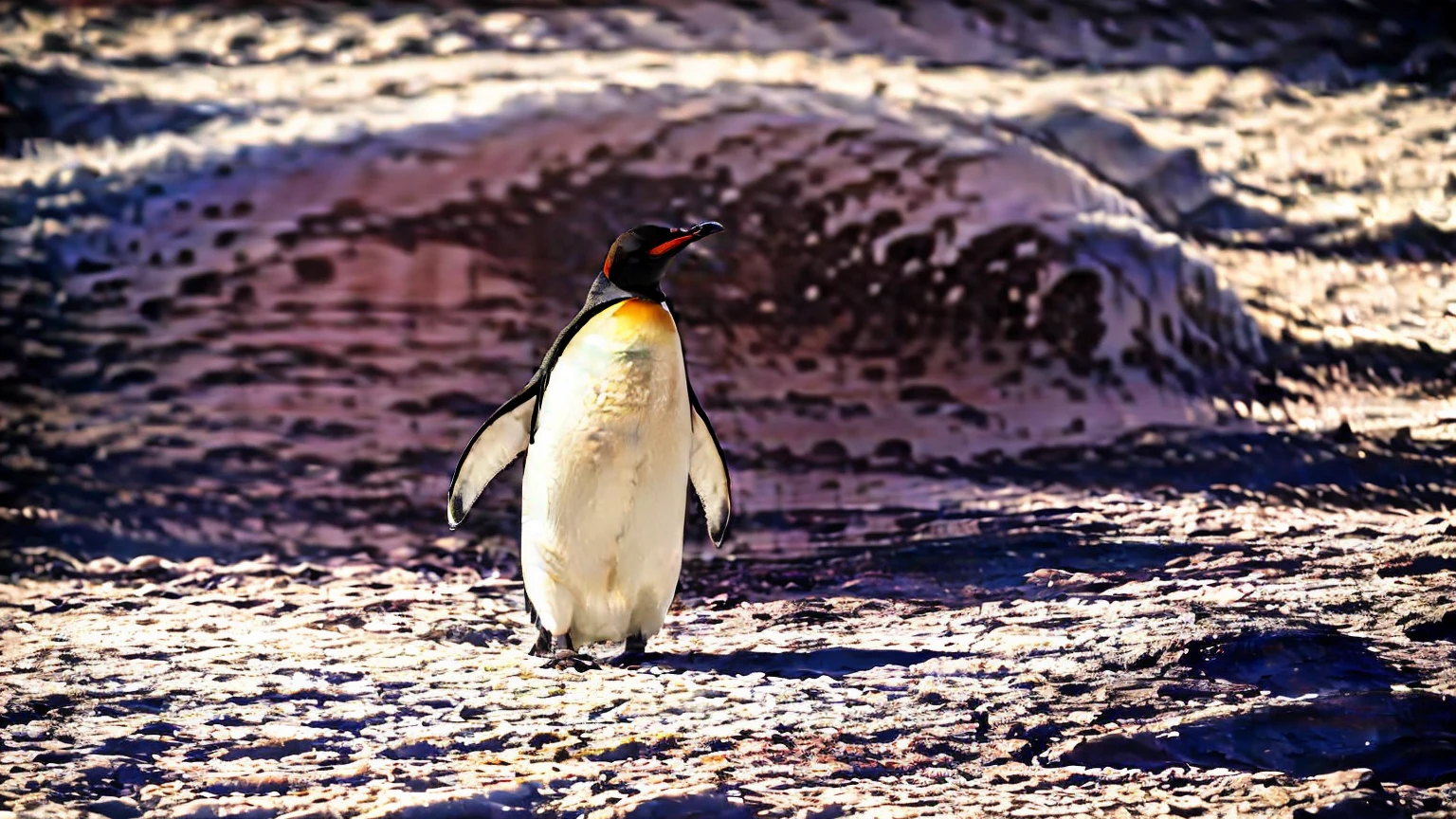 Emperor penguins, Antarctica, luxury fur, realistic, best quality, high quality, masterpiece, accurate depiction, detailed icebergs, snowy landscape, elegant posture, crystal-clear eyes, subtle shadows, dramatic lighting, vibrant colors, frozen atmosphere, serenity