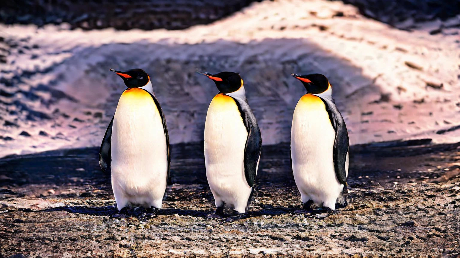 Emperor penguins, Antarctica, luxury fur, realistic, best quality, high quality, masterpiece, accurate depiction, detailed icebergs, snowy landscape, elegant posture, crystal-clear eyes, subtle shadows, dramatic lighting, vibrant colors, frozen atmosphere, serenity