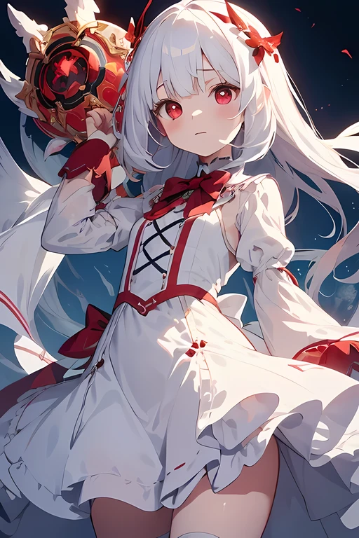 beautiful illustration, best quality, cute petit girl, (transform sequence), transform magical girl, chibi, white magical girl, fractal art, albino, babyface, long pure white and red mesh hair, beautiful detailed red eyes, cinematic lighting, cowboy shot, looking at viewer, from bottom, happy
