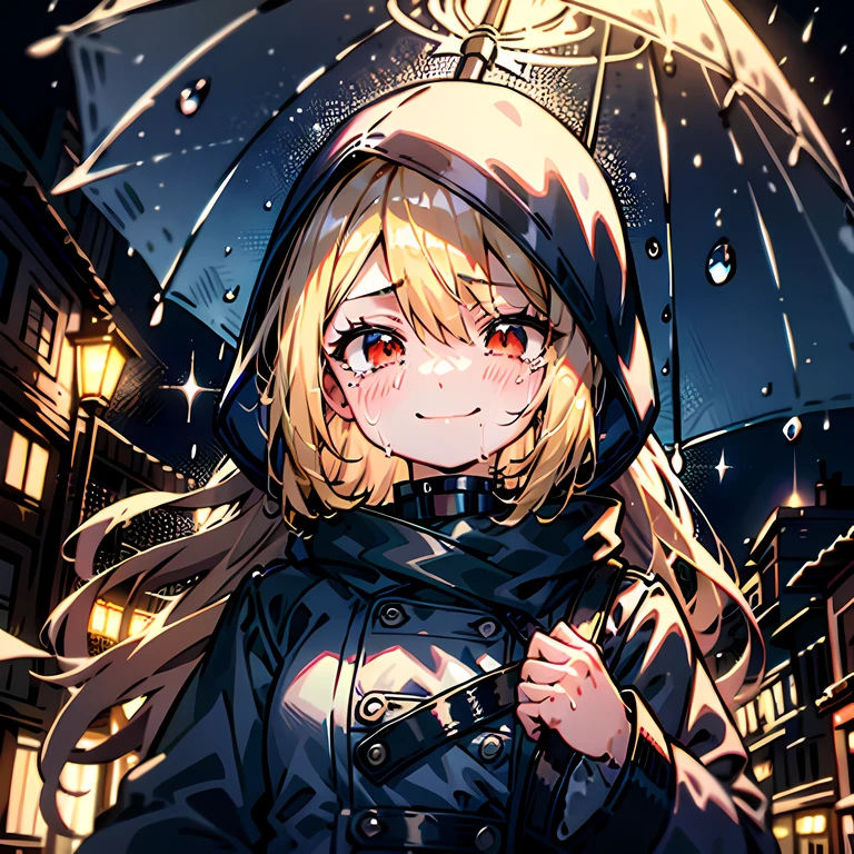 girl, blonde hair, red eyes, rain, looking down, smile, tears, blue raincoat, hood up, town