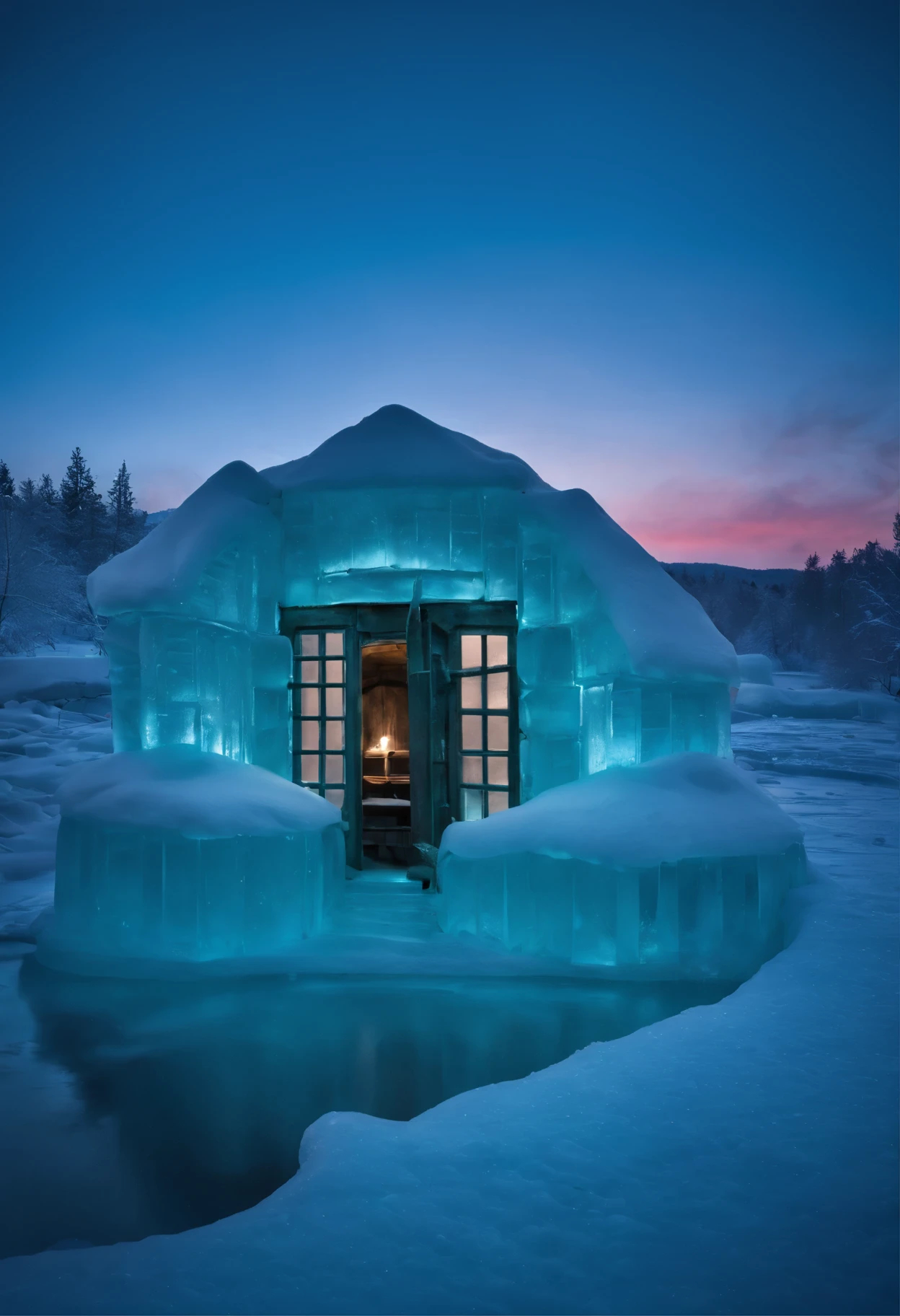 An ice house, house made out of ice, ice