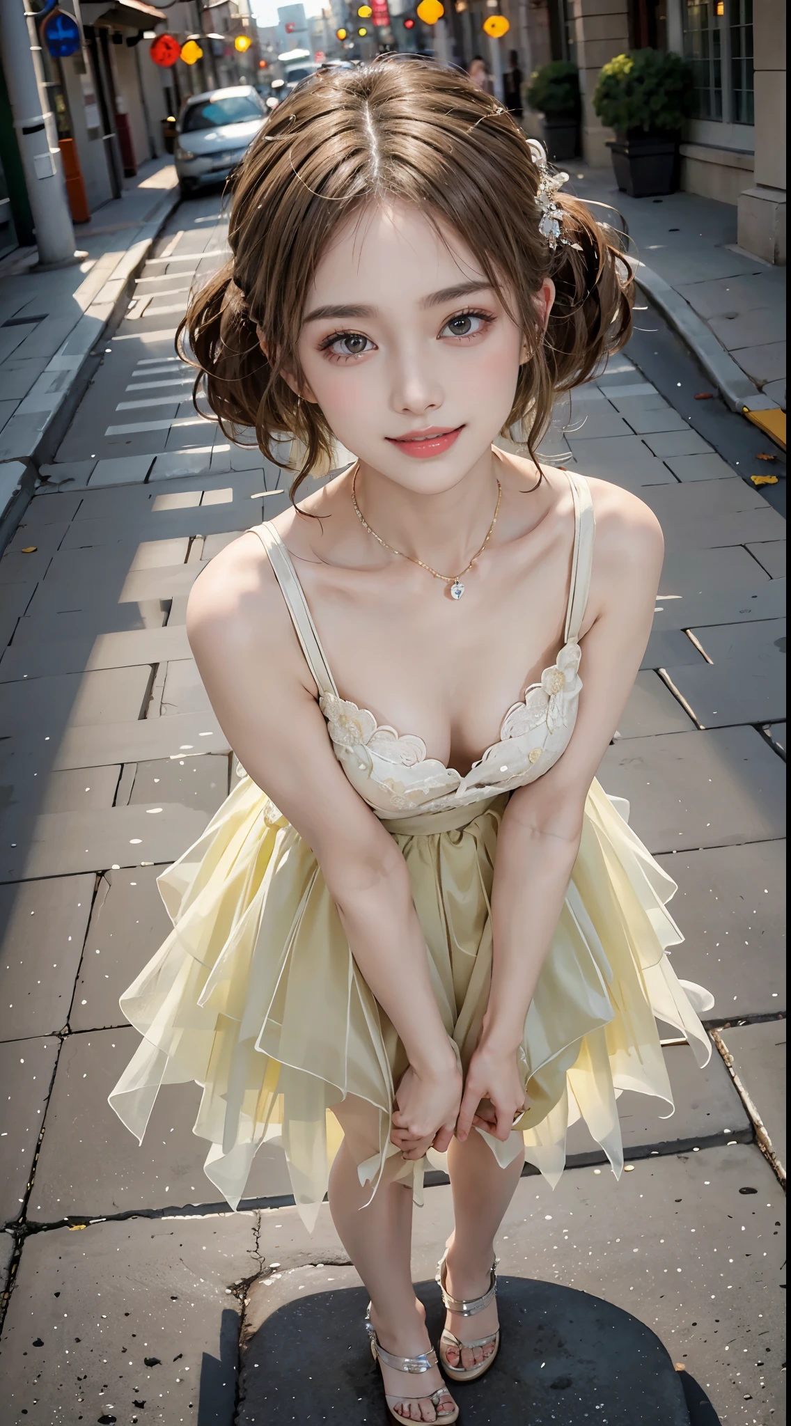 Sweet girl clothes9,yellow dress, ((full body)), ((leaning forward)), (上身前倾, 弯腰), ((from above)), ((realistic)), 1girll, posed for photo, Outdoor scene, the night, lamplight, Stand up, Pleasing posture, Eye-catching poses, pretty legs, looking at viewert, Detailed scenes, curlies, Air bangs, Beautiful hair accessories, Brownish-yellow hair, light make-up, Blushlush, Gloss on lips, (Campus style), warm lights, a warm color palette, Detailed details, 超詳細, (tmasterpiece, best qualtiy), (An extremely delicate and beautiful work), Delicate earrings, Delicate necklace, Simple blurred background, Extreme detail description, Ultra-fine painting, Delicate face, slim toned body, Slimming the waist, (grin, happy grin, Baring teeth), (anatomy correct)