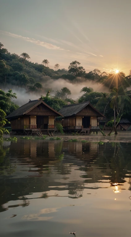 indonesian village, flood, mist, sunrise, chill, duck, super detail, sharp focus, highly detailed, 8k, ultra high definition, realistic, life a like, cinematic, masterpiece