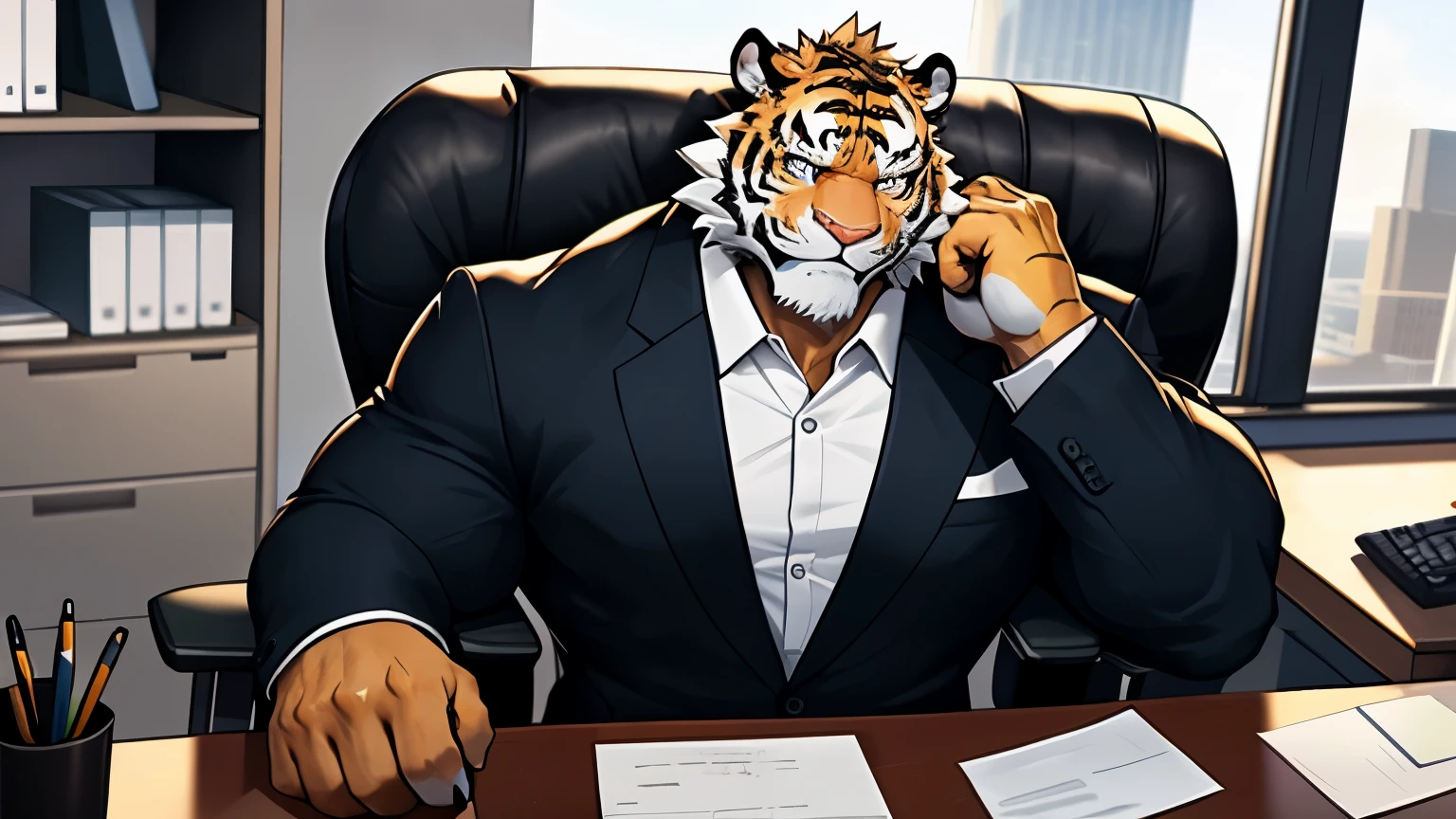 Very muscular furry tiger, heavy weight, bodybuilder builds, image face and eyes clarity, face and eyes high definition, tiger face and eyes high definition, wearing office suit, formal suit, sitting on office chair, vibrant color, 4k, cool camera angle