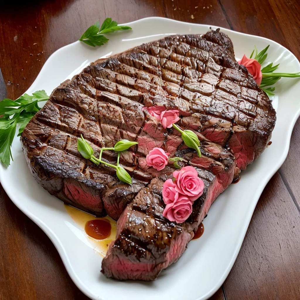 Please draw a super high-quality steak、To make steaks beyond human imagination、let me float in the air、To express that it is a high-quality steak、Please decorate 100 roses around the steak.、