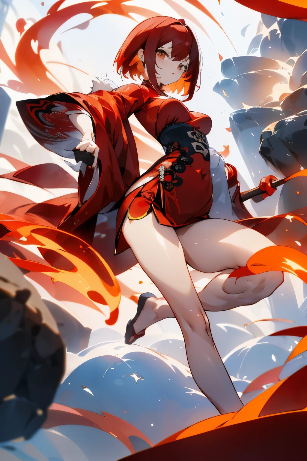 Red short hair, female, fire element, black and red clothes, breasts, long legs, anime, cartoon, manhwa, genshin impact, game, chinese traditional, chinese traditional clothes, chinese dress