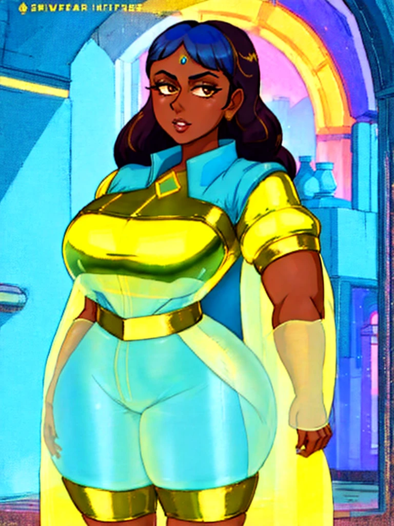 realistic, solo, indian bimbo ifbb priyanka maheswaran, (shiny plastic gold short jumpsuit), translucent blue robe, dark skinned, thick lips, night, ruin cyber palace