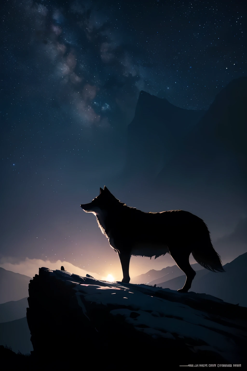 (highest quality,4K,8K,High resolution,masterpiece:1.2),super detailed,(realistic,photorealistic,photo-realistic:1.37),A wolf howling on the top of a mountain on a starry night, figure, ((oil, sharp focus)), Bright colors, Moonlit landscape, dense forest, Howl in the moonlight, Mesmerizing views, shining eyes, atmosphere of the night, Majestic posture, isolated silhouette, Shadows and Highlights, An ominous presence, Twinkling stars in the distance, quiet atmosphere