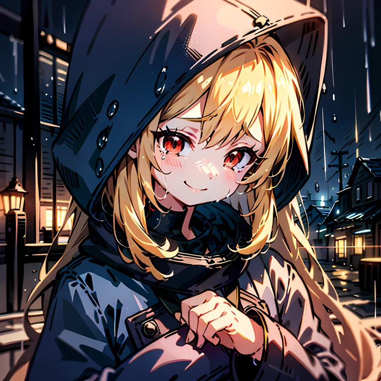 girl, blonde hair, red eyes, rain, looking down, smile, tears, blue raincoat, hood up, town