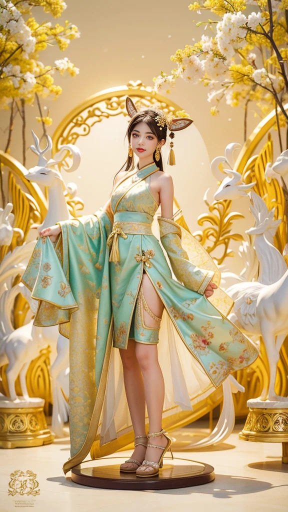 Chinese style,national current,Dunhuang style,a beautiful lady, Dunhuang costumes,White nine-color deer with colorful patterns ,Fantasy wonderland world ,Silk Road Flower Rain,silk road,Beautiful two-dimensional, Thick coating, Beautiful background,Perfectly creative,Spring Festival atmosphere,Award-winning masterpiece,Super detailed,perfect artistic creativity,dream,ultra HD16k,