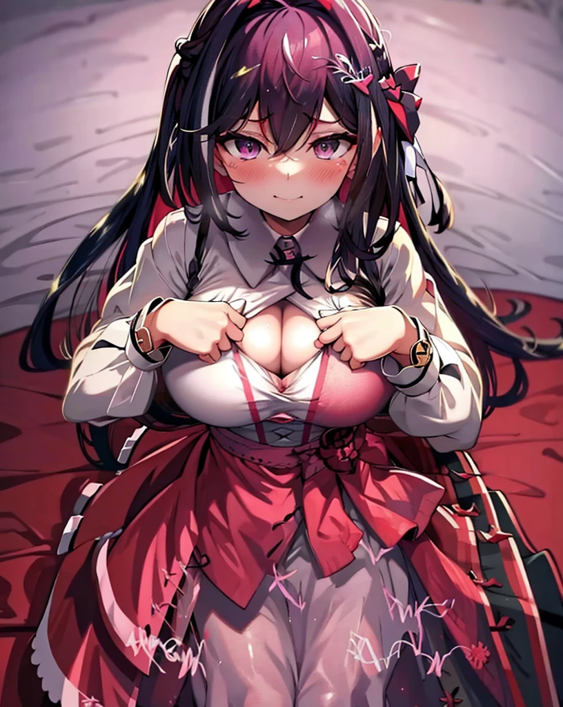 4k,8k,high resolution,photo real,masterpiece, best quality,1girl,solo,large breasts, paizuri invitation, no_bra,blush,sitting on bed,buttons,azki_(hololive), 1girl, solo, multicolored hair, pink hair, purple eyes, black hair, hair between eyes,x hair ornament, bracelet, long hair, streaked hair, hairclip,looking at viewer,steam,fog, light smile, troubled eyebrow,(from adobe:1.5),pov,cleavage,