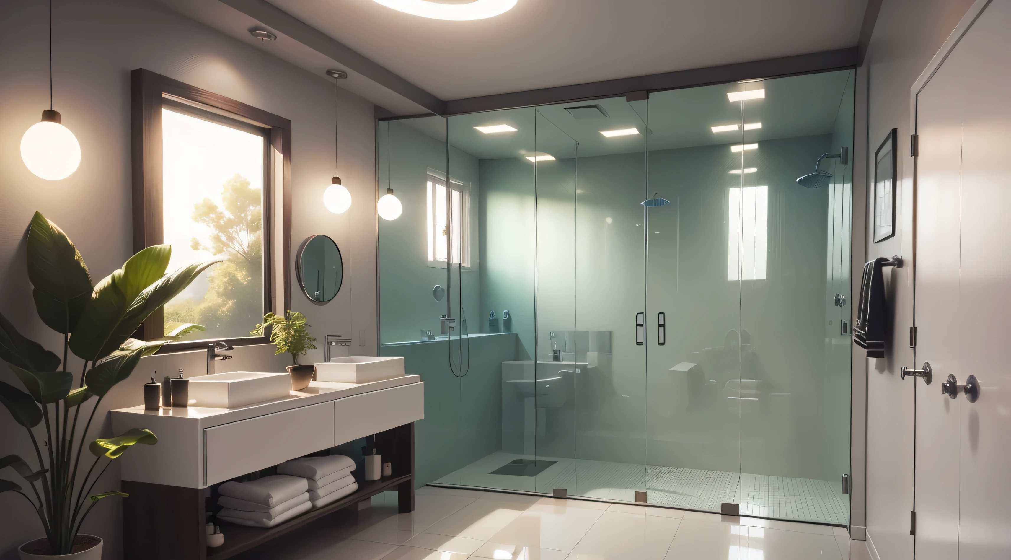 there is a bathroom with a glass shower and a sink, solarpunk apartment, solarpunk IKEA, futuristic. Game CG, the solarpunk apartment, in a solarpunk themed room, solarpunk room, solarpunk decoration, solarpunk bedroom background, cgsociety 9, solarpunk children's room, retro solarpunk apartment, solarpunk interior, solarpunk environment, bathroom for games, solarpunk style, hyperrealistic and solarpunk design, many plants