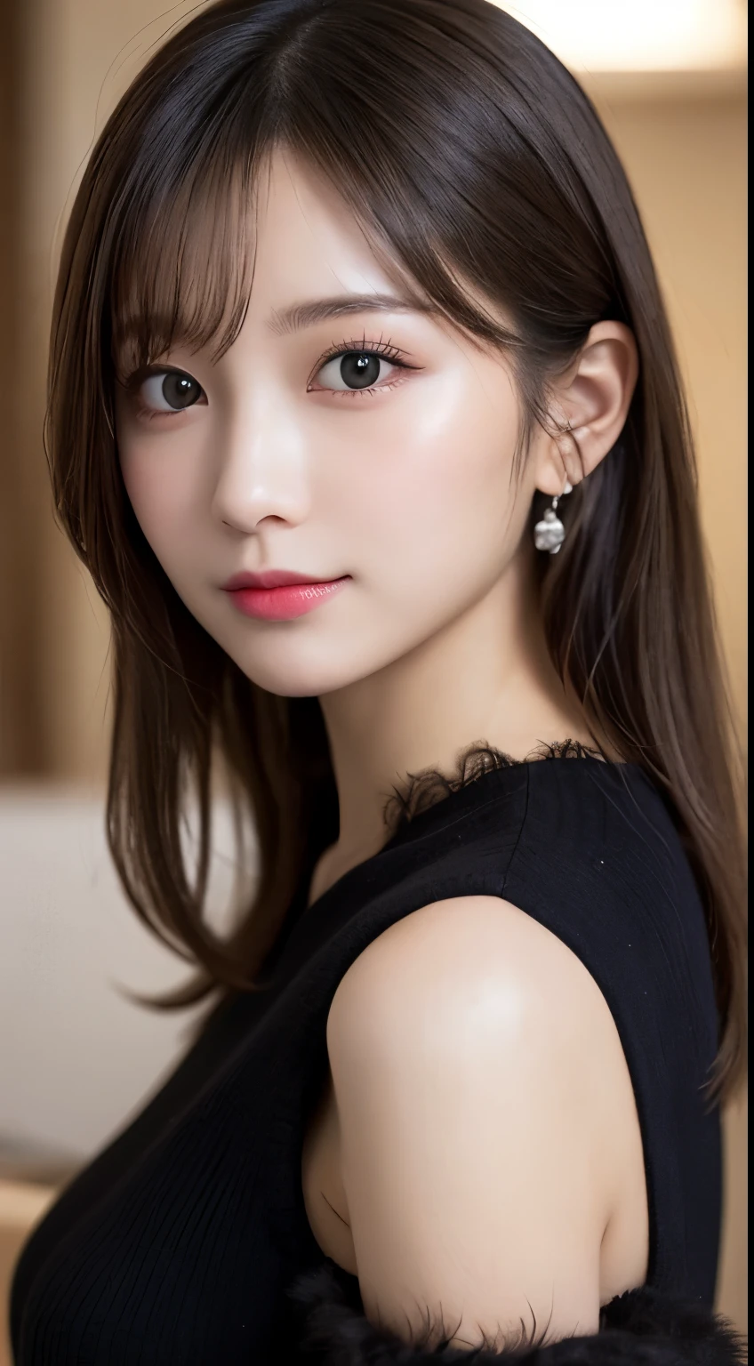 table top, highest quality, shape, Super detailed, finely, High resolution, 8k wallpaper, 完璧なダイナミックな構shape, beautiful and detailed eyes, Gorgeous and stylish black fluffy latest Tokyo winter clothes,ランダムなcute髪,small breasts,natural color lip, bold sexy pose,smile、20 year old girl、cute、sexy shot looking at camera,Always blur the background,perfect and beautiful face,Take only the face,beautiful and detailed face、slim face and style,Big eyes、Do gal makeup