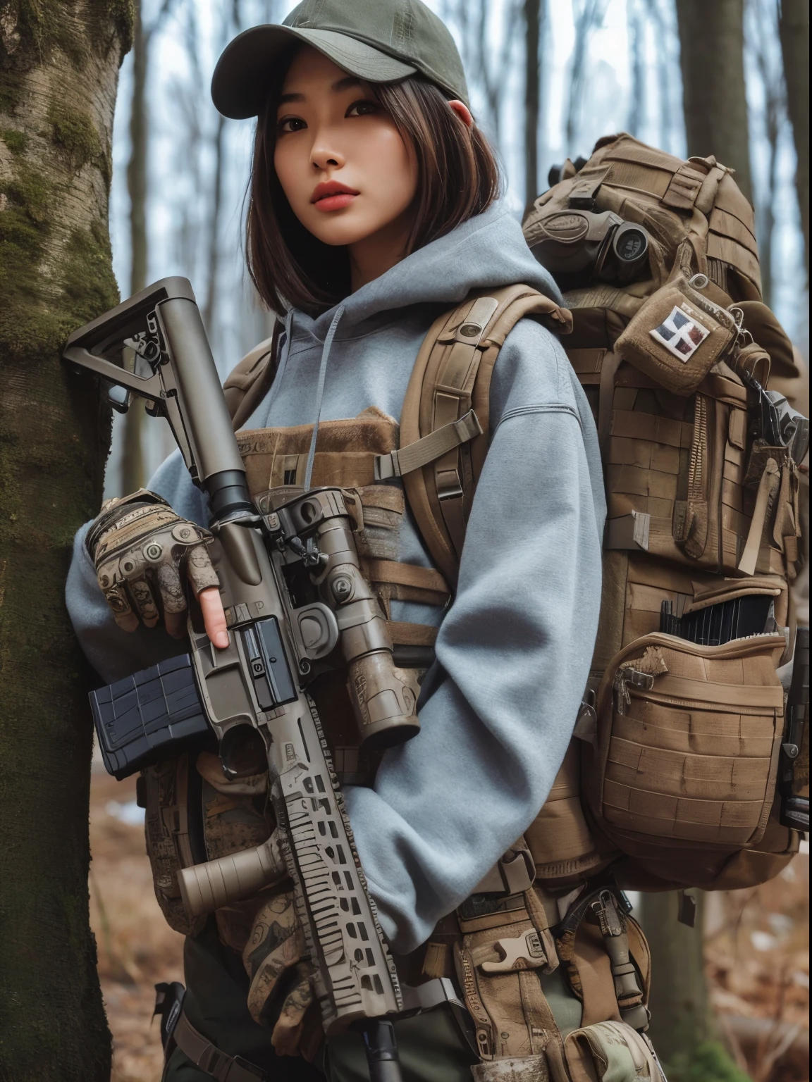photorealistic、realistic skin texture、automatic rifle、