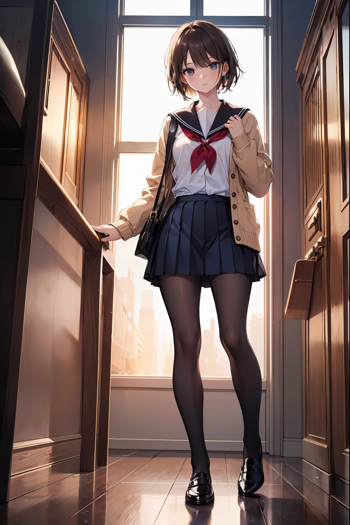(1 girl), alone, reincarnation of the beauty Aphrodite, brown hair, brown shoes, black legwear, blue skirt. Cardigan, open cardigan, open clothes, black tights with thin details, pleated skirt, , school_uniform, sailor uniform, short_hair, skirt, (highly detailed), chest, detailed hair, highest resolution, highest quality, head tilted, (standing), ((from below)) , below skirt, under the skirt, (close view on underwear from below), up shirt, (The God of Creation's finest work: 1.4), (Super Absolute Resolution: 1.4), (The God of Art's finest masterpiece: 1.4) ,, very detailed face, original character, perfect lighting, best colors, colorful, beautiful, fine details, natural volumetric lighting and best shadows, deep depth of field, (best quality, amazing details: 1.4 ), (Complex, detailed and realistic materials, textures and light sources: 1.3), (Perfect anatomy: 1.2), Super detailed skin, (Best lighting by famous artists: 1.2), 8K, (Charm by famous masters) Guidance on how to perform poses: 1.4)