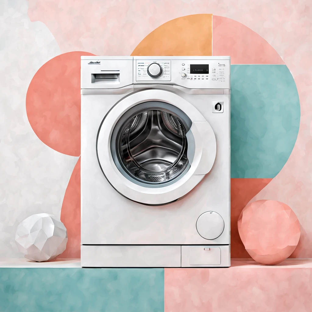 Fusion art, soft color tones, washing machine, line and geometric art, technical drawing, drawing on parchment, combining different models, non-standard interpretation