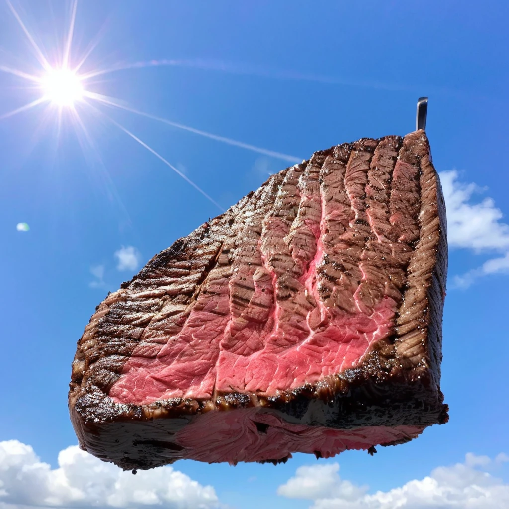 Please draw a super high quality steak。To reflect that it is a high-quality steak、steak is flying in the sky、High quality steak is smiling while flying in the sky