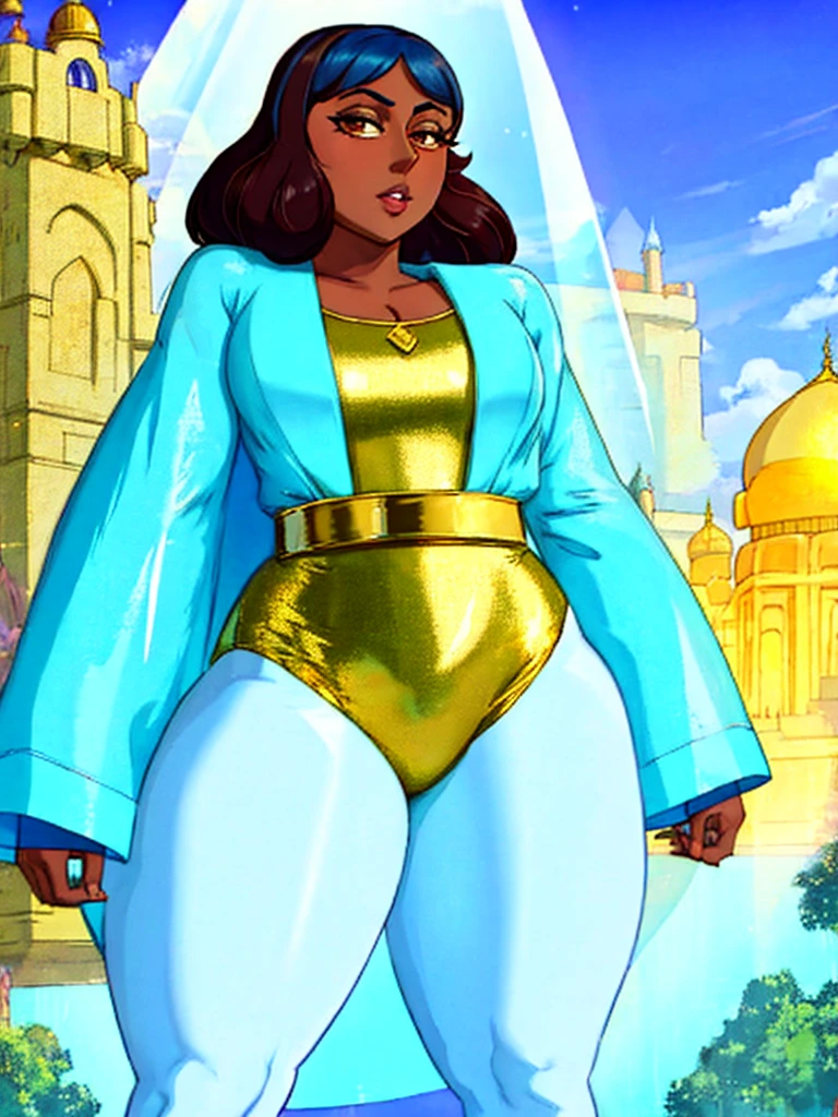 realistic, solo, indian bimbo ifbb priyanka maheswaran, (shiny plastic gold short jumpsuit), translucent blue robe, dark skinned, thick lips, night, ruin cyber palace, split