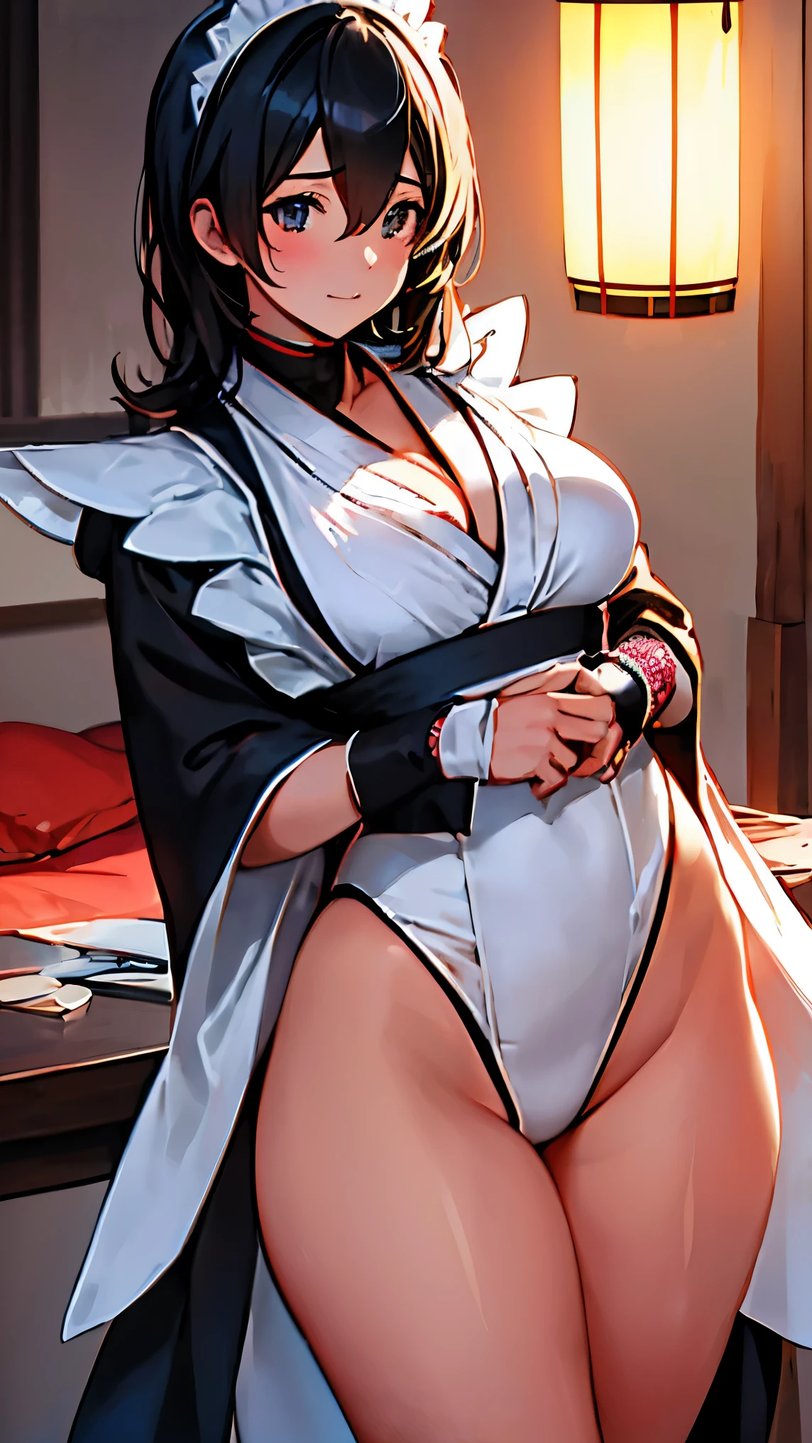 Iroha、super breasts、thick thighs、black hair、8K, 4k, highest quality, High resolution: 1.2)、cute anime face、noise removal、maid、和風maid、black leotard