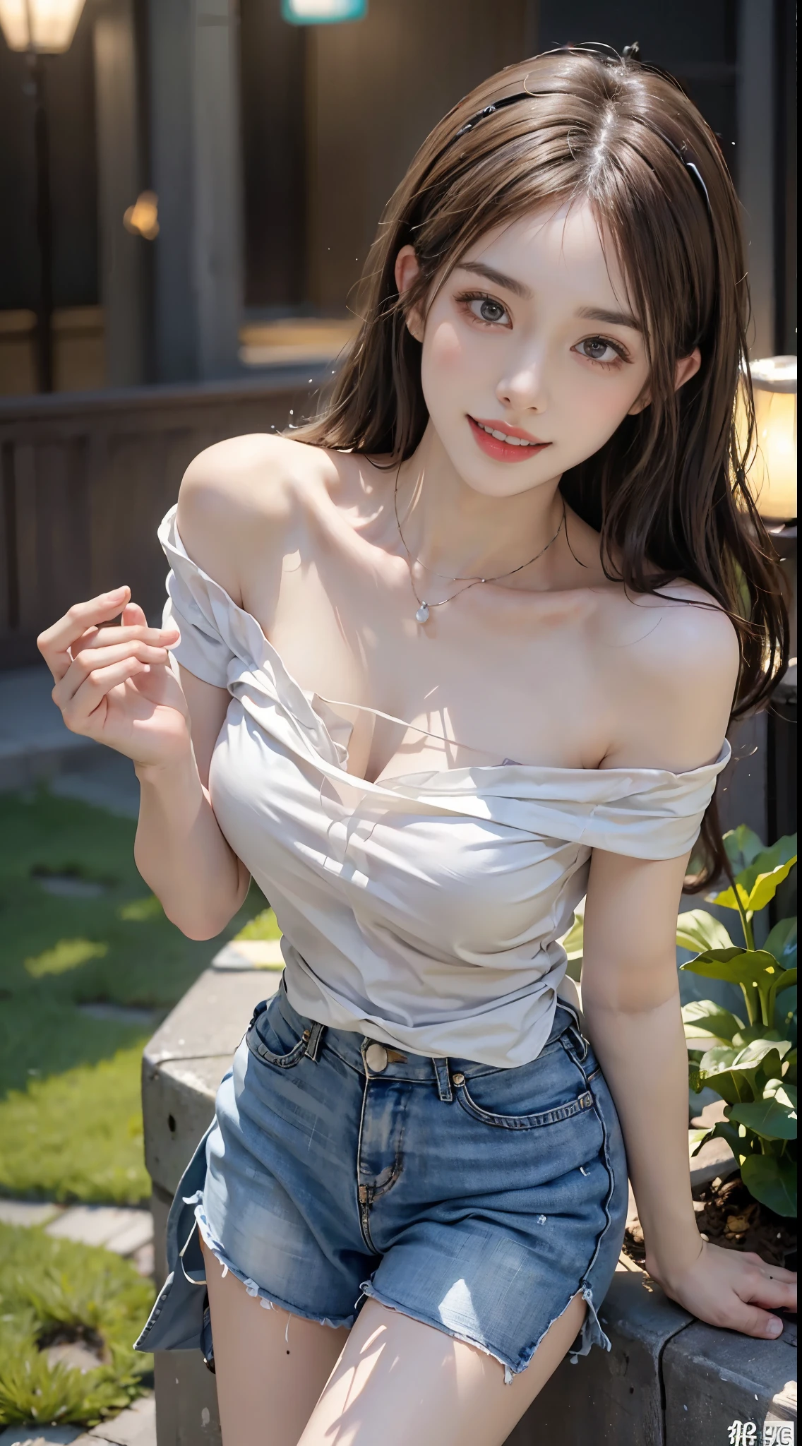 Special clothes34,bare shoulders,shirt, ((full body)), ((leaning forward)), (上身前倾, 弯腰), ((from above)), ((realistic)), 1girll, posed for photo, Outdoor scene, the night, lamplight, Stand up, Pleasing posture, Eye-catching poses, pretty legs, looking at viewert, Detailed scenes, curlies, Air bangs, Beautiful hair accessories, Brownish-yellow hair, light make-up, Blushlush, Gloss on lips, (Campus style), warm lights, a warm color palette, Detailed details, 超詳細, (tmasterpiece, best qualtiy), (An extremely delicate and beautiful work), Delicate earrings, Delicate necklace, Simple blurred background, Extreme detail description, Ultra-fine painting, Delicate face, slim toned body, Slimming the waist, (grin, happy grin, Baring teeth), (anatomy correct)