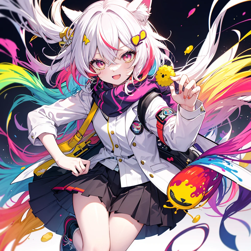 (Halftone), (Masterpiece), (Best Quality), (Official Art, Highly Detailed CG Unity 8K Wallpaper), (Perfect Anatomy), (Highly Detailed), ((Absurd)), (Best (shadow), (perfect anatomy)), (detailed background), (perfect eyes), sharp focus, simple background, splattered colors, flashy colors, red and yellow white haired anime boy, boy 1 person, solo, gal, red background, red hair, dog ears, tail, multicolored hair, bag, skirt, purple eyes, manicure, cute hair clip, striped hair, long hair, braids, shirt , hair ornament, dog tail, dog boy, smile, white shirt, shoes, open mouth, uniform, looking at viewer, blazer, scarf, heart, COLORFULMIX, MULTICOLORED HAIR, WAVY HAIR, pop art style, colored eyelashes, yellow Eyelashes, multicolored eyes, multicolored hair, sparkling eyes, bright eyes,