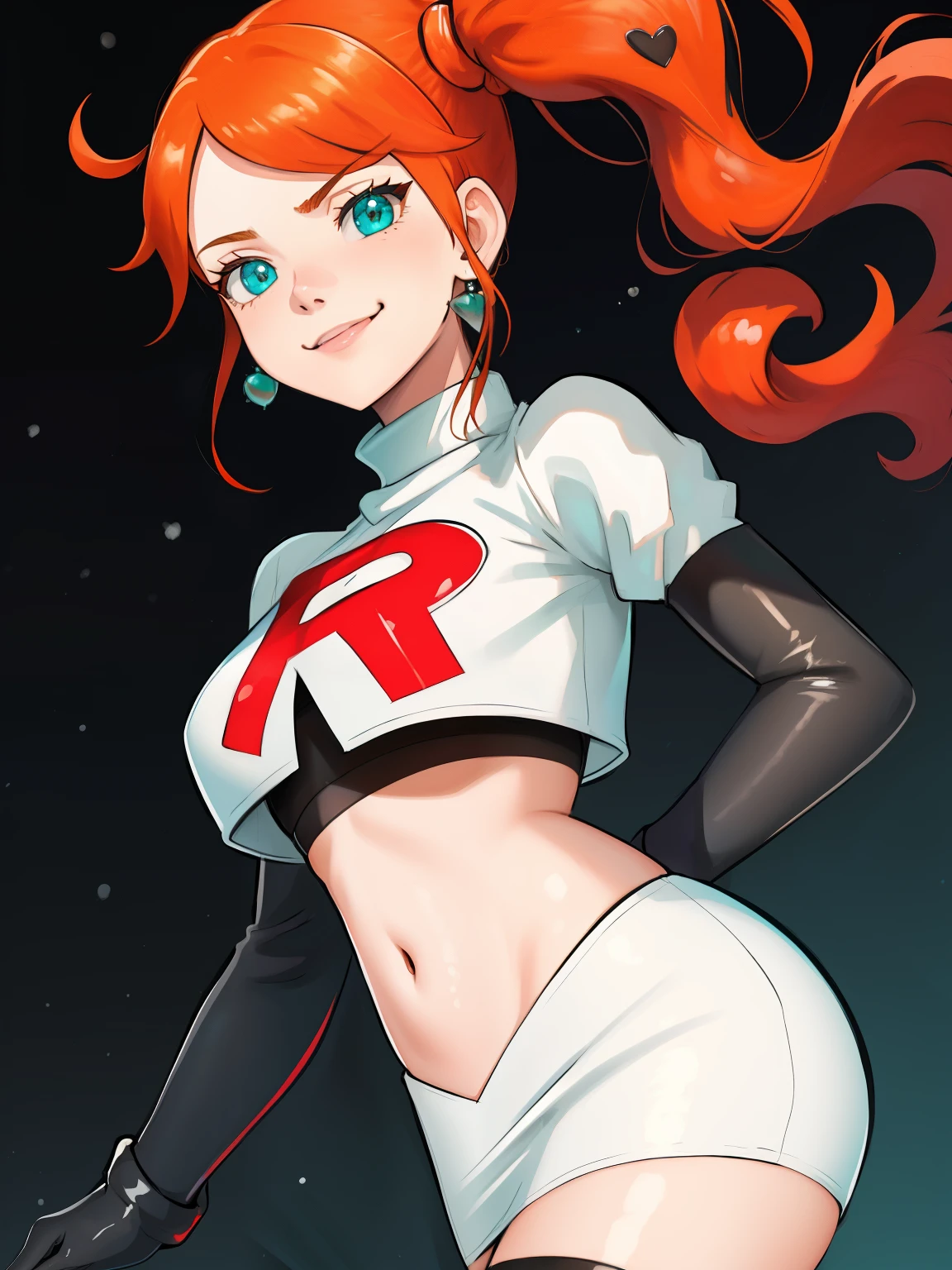 1girl, solo ,sonia, side ponytail,orange hair, heart hair ornaments, aqua eyes ,glossy lips, earings ,team rocket uniform, red letter R, white skirt,white crop top,black thigh-high boots, black elbow gloves, closed mouth, evil smile