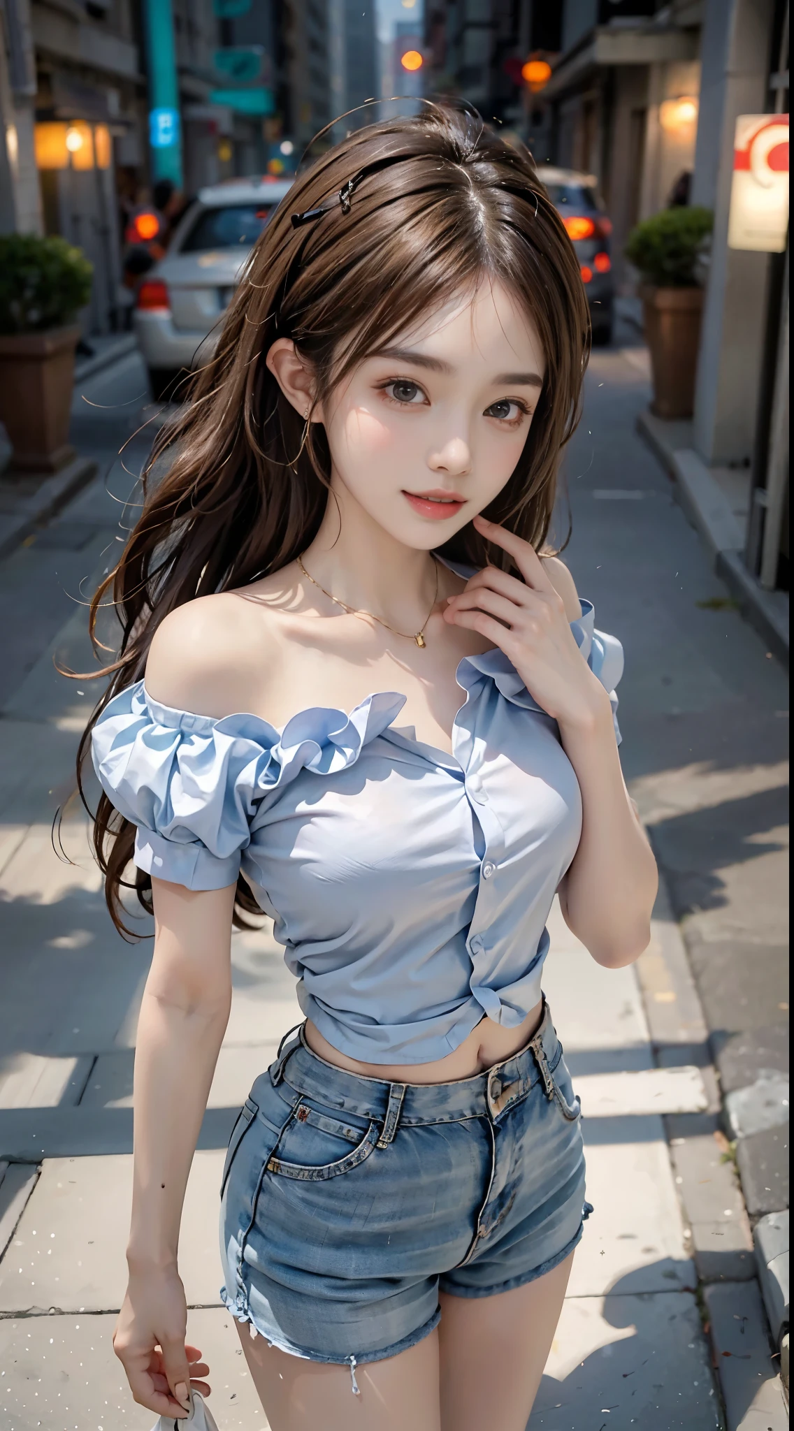 Special clothes34,bare shoulders,shirt, ((full body)), ((leaning forward)), (上身前倾, 弯腰), ((from above)), ((realistic)), 1girll, posed for photo, Outdoor scene, the night, lamplight, Stand up, Pleasing posture, Eye-catching poses, pretty legs, looking at viewert, Detailed scenes, curlies, Air bangs, Beautiful hair accessories, Brownish-yellow hair, light make-up, Blushlush, Gloss on lips, (Campus style), warm lights, a warm color palette, Detailed details, 超詳細, (tmasterpiece, best qualtiy), (An extremely delicate and beautiful work), Delicate earrings, Delicate necklace, Simple blurred background, Extreme detail description, Ultra-fine painting, Delicate face, slim toned body, Slimming the waist, (grin, happy grin, Baring teeth), (anatomy correct)