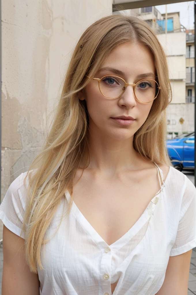 femme, 30 ans, European, (Messy straight hair (blond), courbe sexy, beau visage, Ultra detailed eyes, (lunettes:1.1), poitrine forte, clivage, (fermer la bouche:1.2), (chemise col ouvert (couleur blanche)), sexy, rue, moderne construction en ville, High quality image, corp entier.