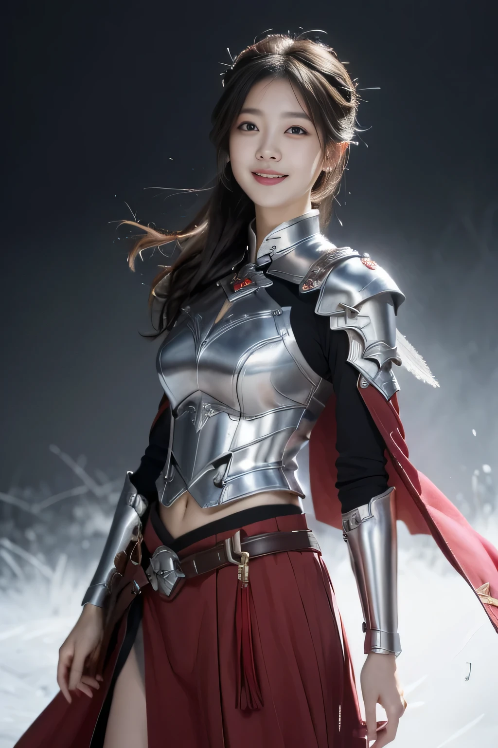 Chinese female general Hua Mulan，Vermilion Hufu lining，，Crimson cape，Silver metal breastplate，silver helmet，battlefield background，majestic，Smile（open mouth）（The corners of the mouth are raised），Leather tunic，Knee armor，Eight clones，silver metal headband，Hair bun raised high。wild wilderness background