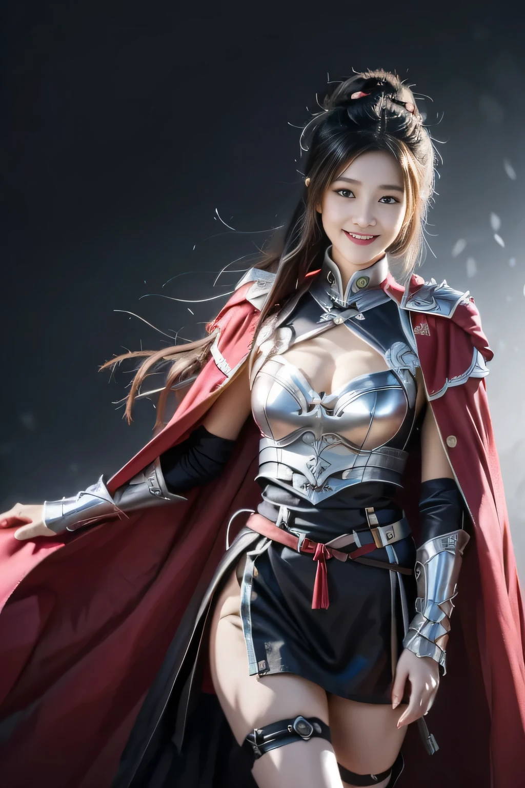 Chinese female general Hua Mulan，Vermilion Hufu lining，，Crimson cape，Silver metal breastplate，silver helmet，battlefield background，majestic，Smile（open mouth）（The corners of the mouth are raised），Leather tunic，Knee armor，Eight clones，silver metal headband，Hair bun raised high。wild wilderness background