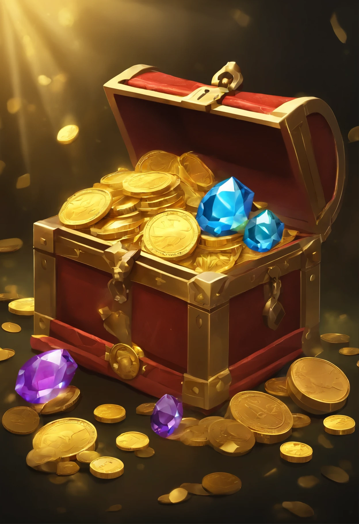 "Magic chests, promotional poster, High-quality image, Minimalism, Plain background",masterpiece、top quality、very detailed、(treasure chests)、pile of gold coins의 treasure chests:1.1)、(pile of gold coins:1.1)、(gemstones:1.1)、(Coins are overflowing:1.1)