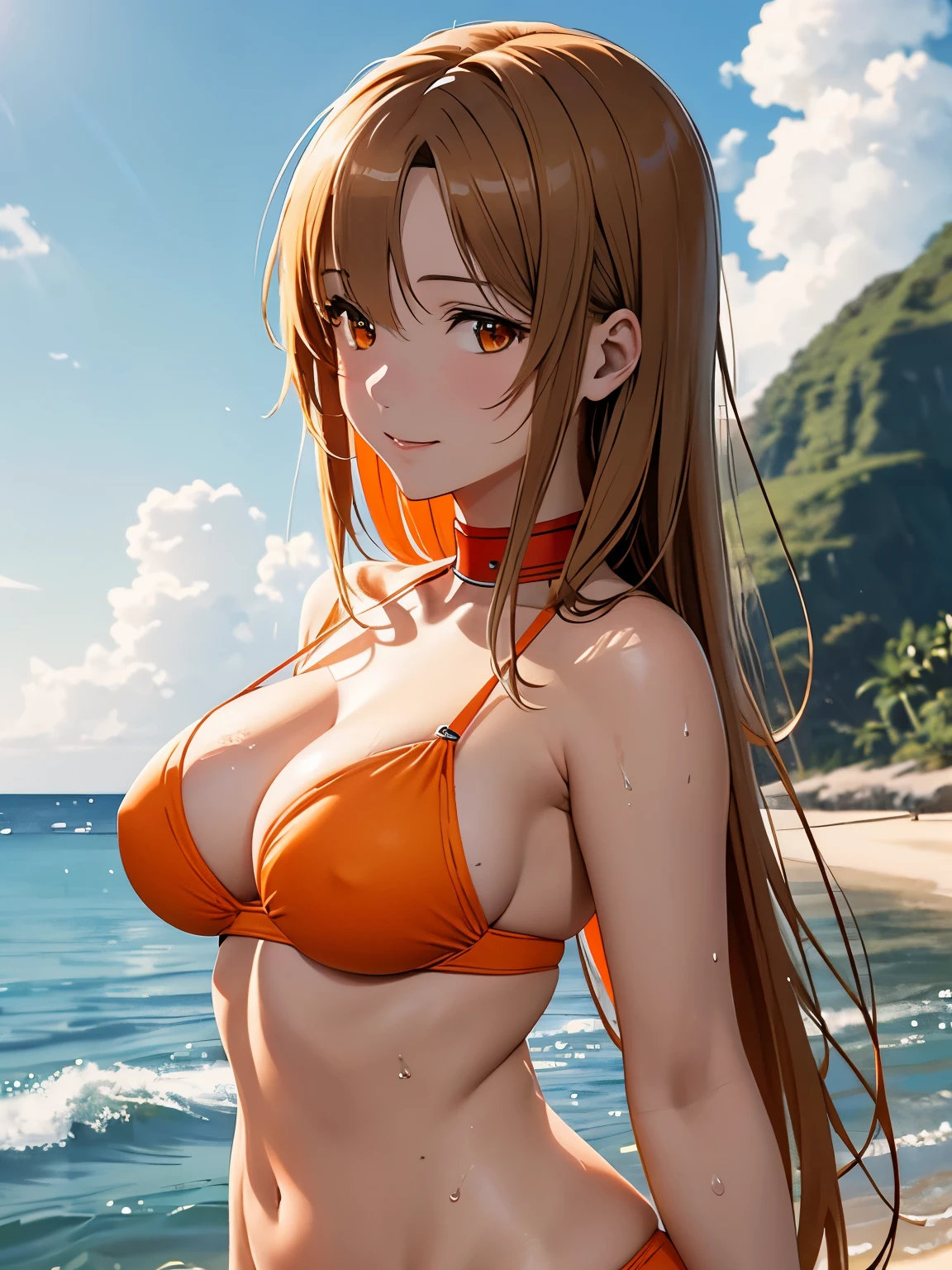 ((masterpiece)), ((best quality)), (ultra-detailed), ((extremely detailed)), 4K, (8K), best quality, (beautiful), anime style, upper body, heavy outline, clear outline, full body focus, beach, summer, ((Asuna, SAO)), bikini, ((beautiful orange eyes)), large breast, smile, shiny-glistening, gleaming, wetted by water