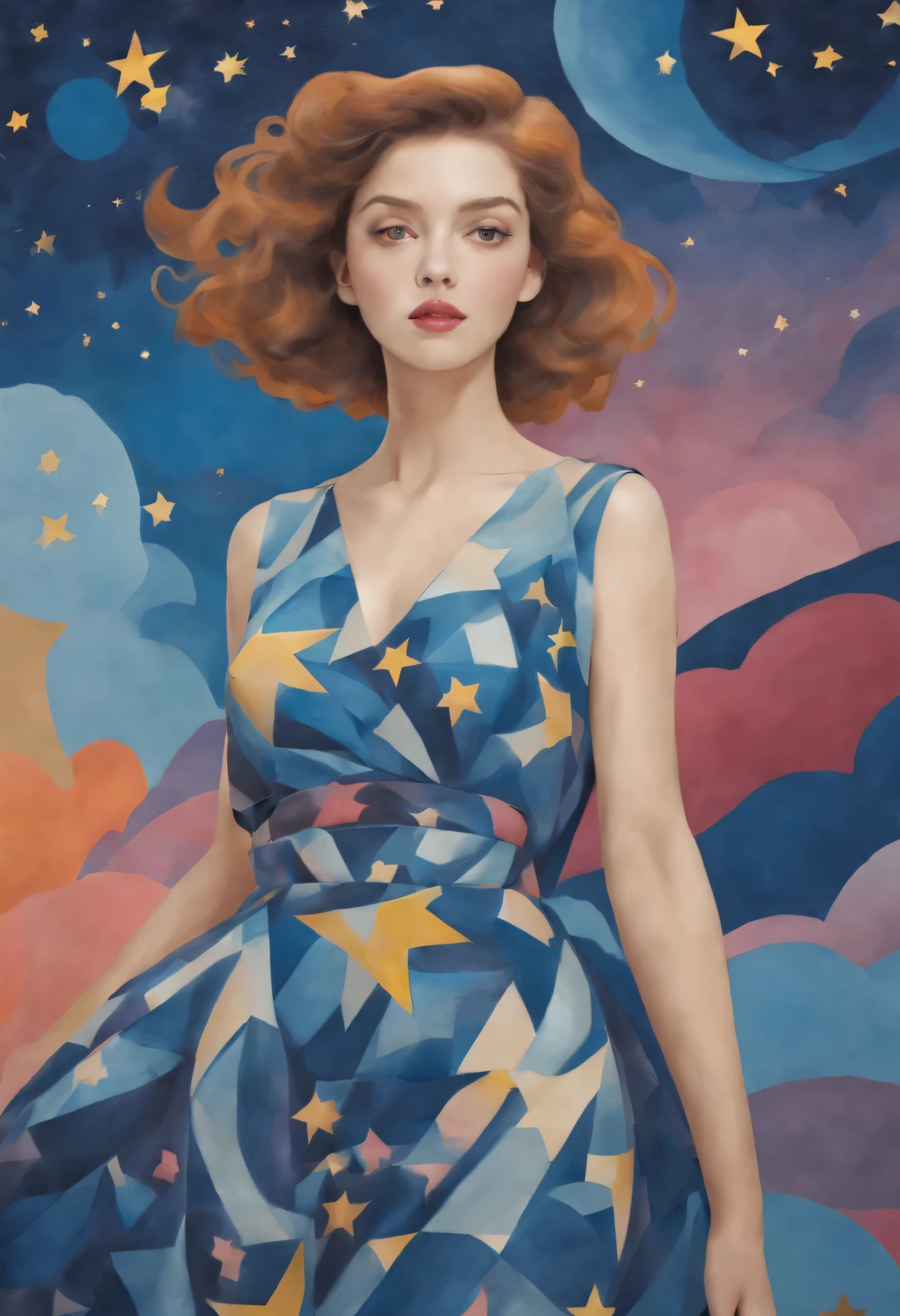 pastel tones, from cubism, Fauvism to Surrealism and Abstraction, Miss, Their artistic concepts and patterns are reflected in the clothing design.starry sky background