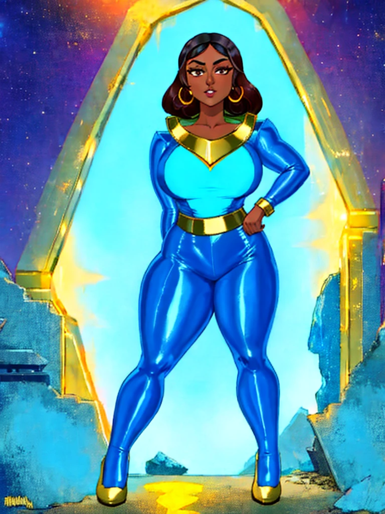 realistic, solo, indian bimbo ifbb priyanka maheswaran, (shiny plastic gold short jumpsuit), translucent blue robe, dark skinned, thick lips, night, ruin cyber palace, split