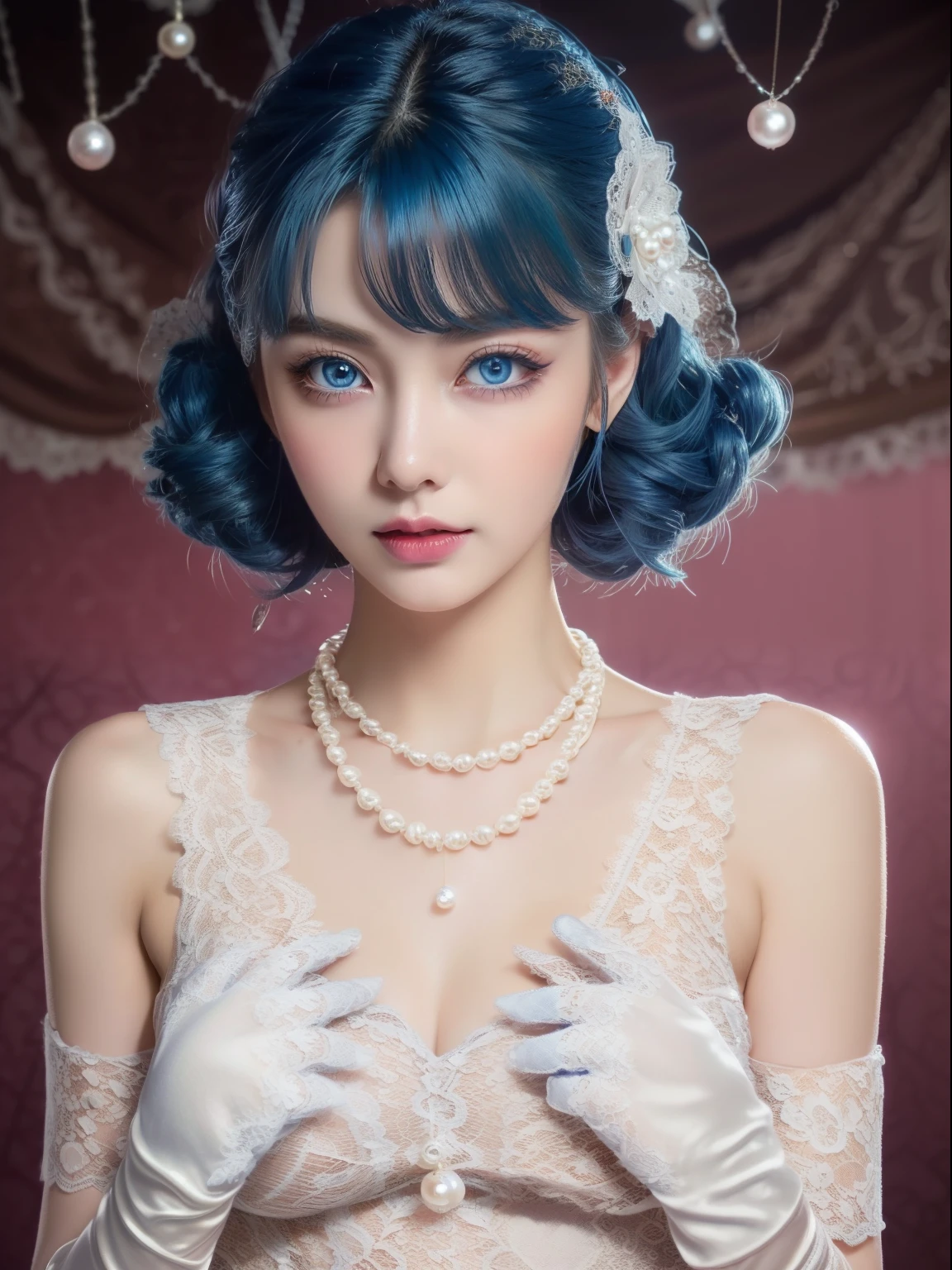 (masterpiece:1.1, best quality), full body;1.1(intricate details), unity 8k wallpaper, ultra detailed, beautiful and aesthetic, (photo)perfect lighting, (1girl),((blue hair, blue eyes:1.3, medium breasts)), dynamic pose, dynamic angle, lipstick, slim, slim body, detailed background, realistic, solo, perfect detailed face, detailed eyes, highly detailed, blush, hair ornament, (Vintage_lace_dress:1.5),(Pearl_necklace:1.4),(Satin_gloves:1.3),(Elegant_ballroom_background:1.4),