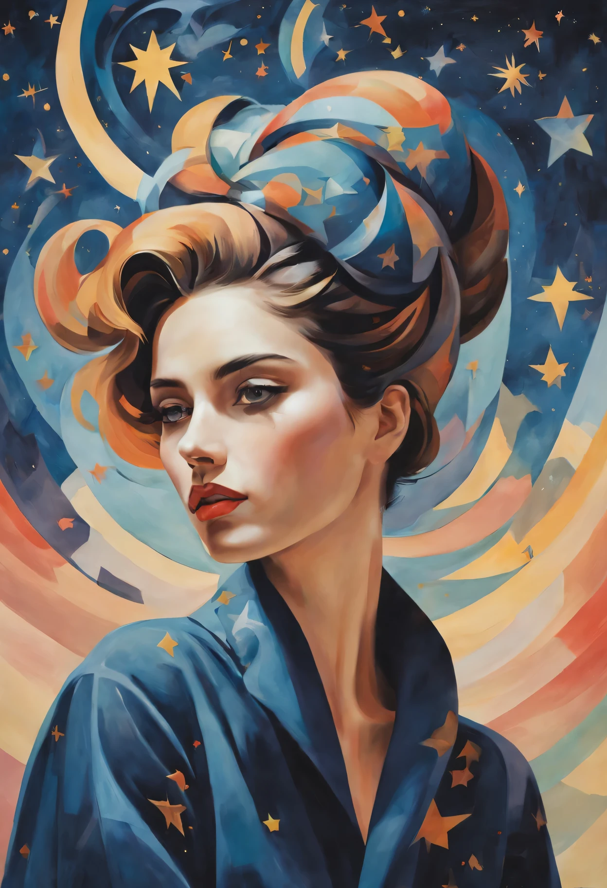 pastel tones, from cubism, Fauvism to Surrealism and Abstraction, Miss, Their artistic concepts and patterns are reflected in the clothing design.starry sky background