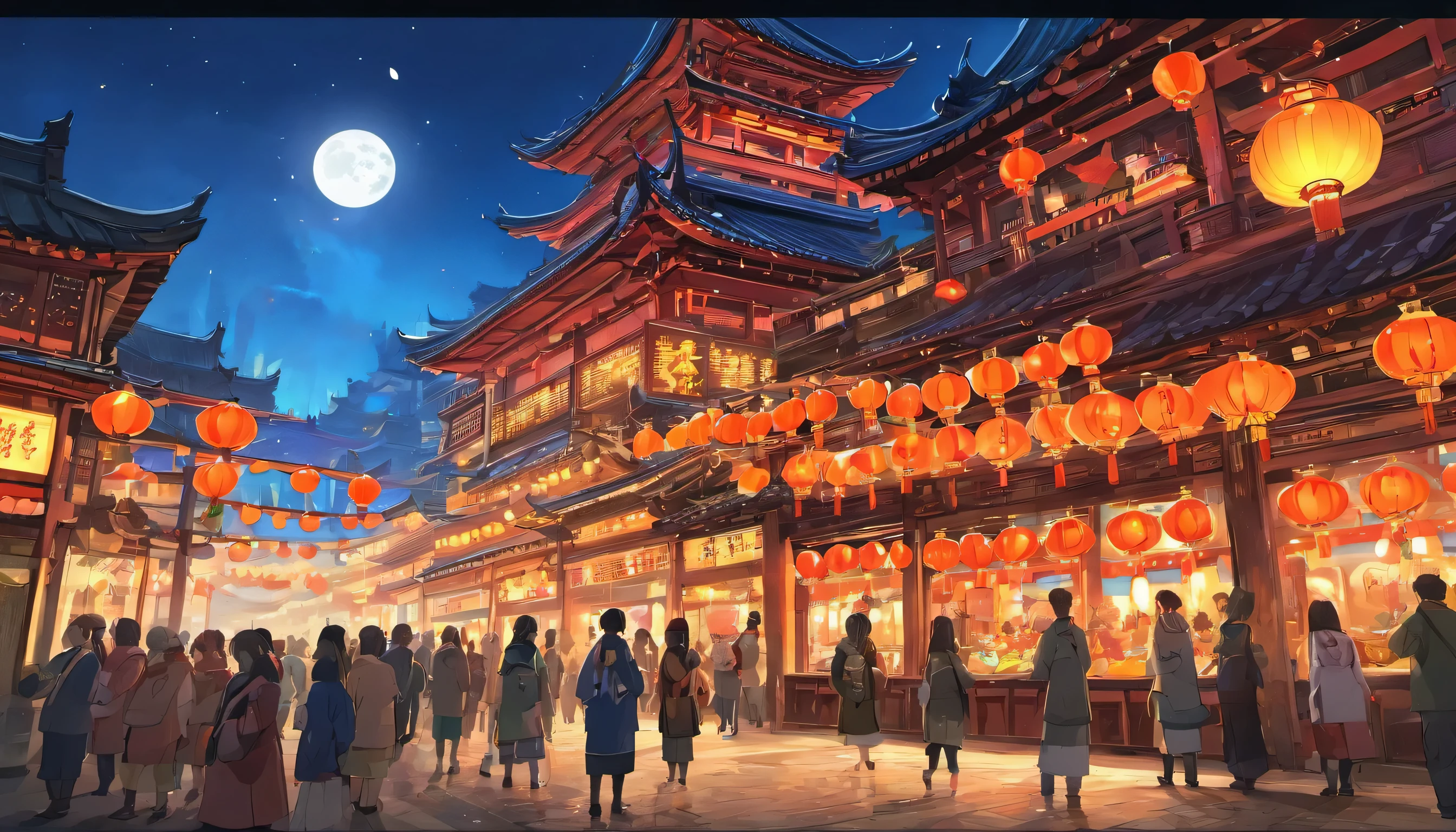 Mid-Autumn Festival、Moon、themoon、Sun Star、Mooncake stalls、Concert、band、fire works、UAVs、environment friendly、tradit、celebrating、enviroment、The villagers、Plaza、Bamboo lanterns、the night、celebrating、Artistically、device、decor、castoff、save、resource,high definition resolution, Chinese New Year in traditional cities, light up the night sky, The majestic Chinese-style building in the center, The environment is complex, Lanterns hung, fireworks sparkling, Horizontal 1920*1080, Full of New Year atmosphere, The details are clear, Be creative