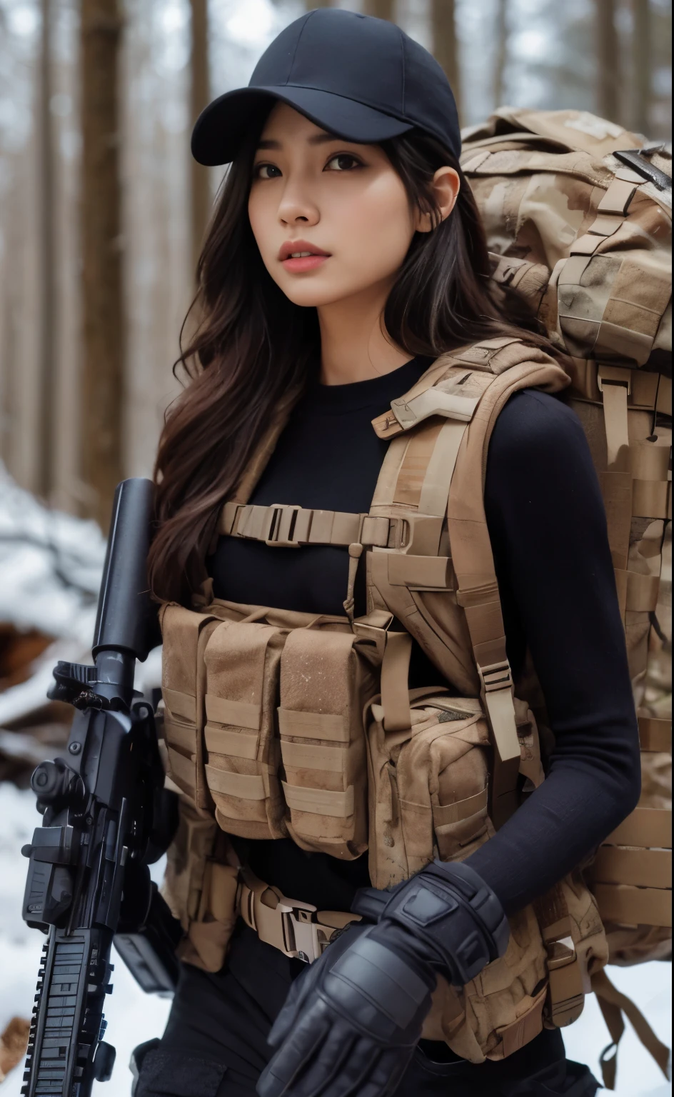 photorealistic、realistic skin texture、automatic rifle、Woodlands