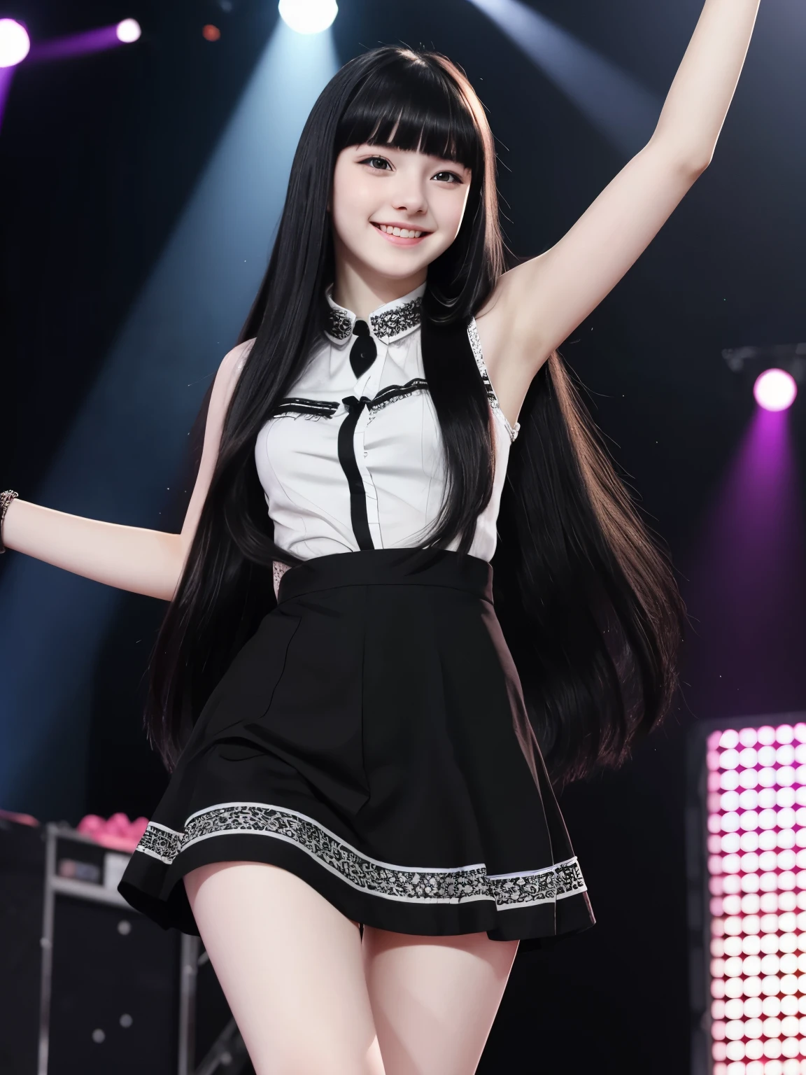 (Idol:1.2), high quality, Realistic, Cute moe face girl, Shortcuts, Bright Eyes, anger, Glare, Sharp eyes, Three white eyes, Upward glance, mini skirt, Stage lighting、(She wears long black shorts under her skirt.:1.4)、(White Skirt:1.4)、(Bare legs:1.2)