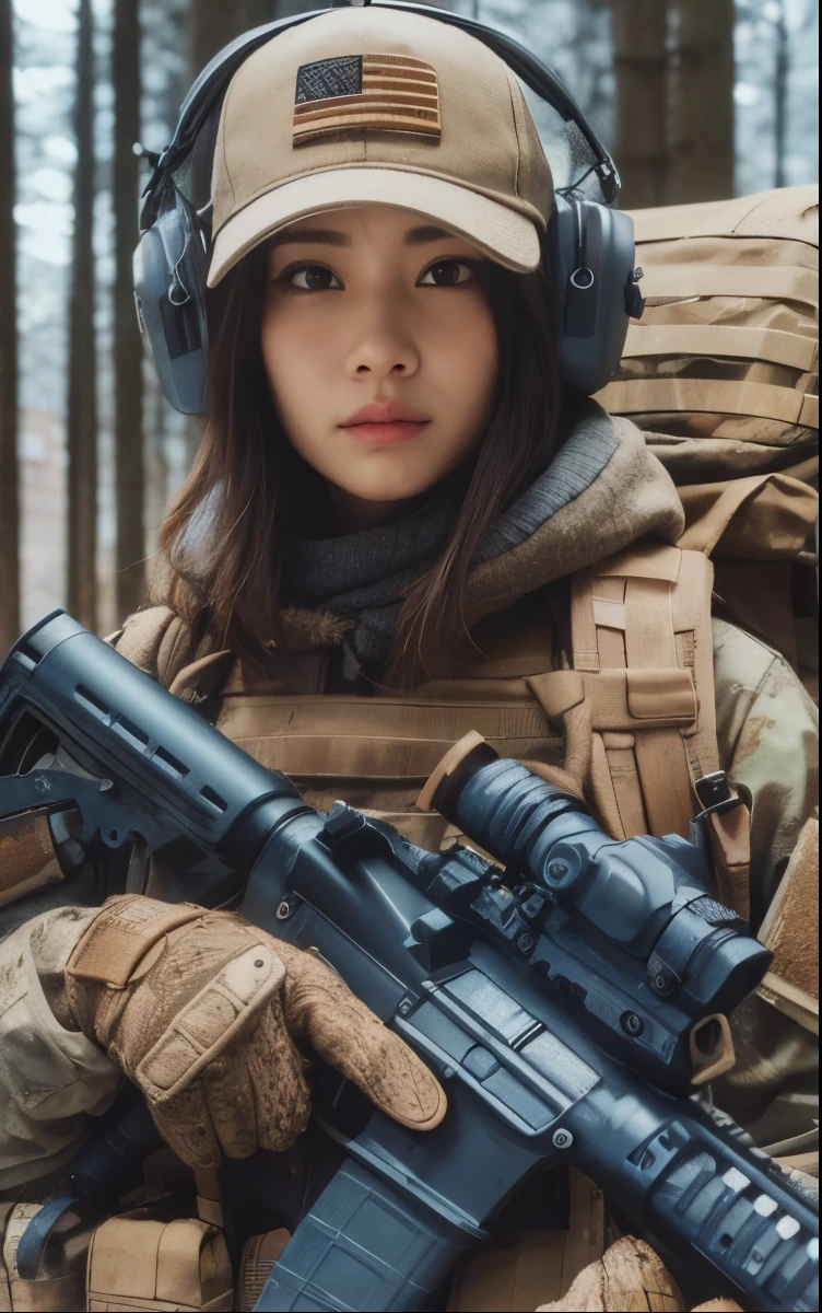 photorealistic、realistic skin texture、automatic rifle、Woodlands