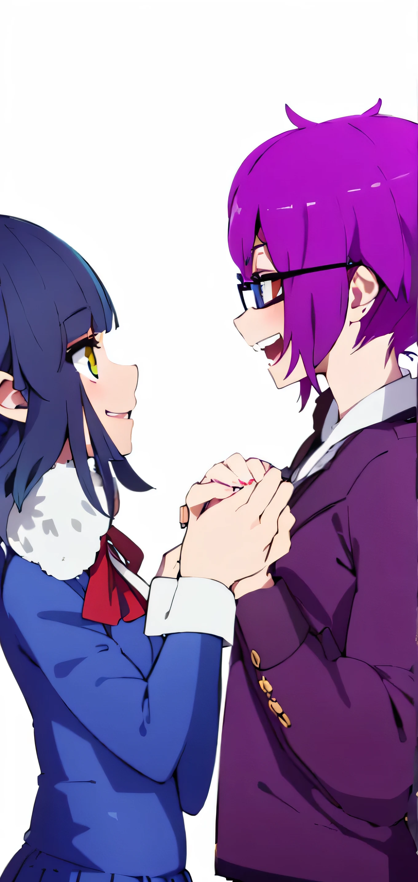 Girl with blue long hair, Amber eyes, Blue school uniform, a red bow on the chest and a gold bracelet, guy purple hair, Blue eyes, black poison glasses, purple school uniform, A guy and a girl holding hands, cute smiling