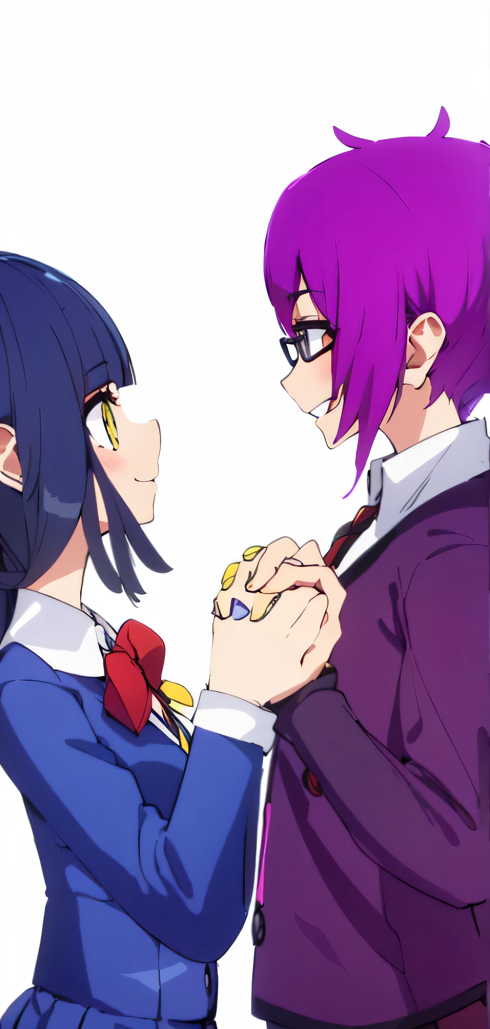 Girl with blue long hair, Amber eyes, Blue school uniform, a red bow on the chest and a gold bracelet, guy purple hair, Blue eyes, black poison glasses, purple school uniform, A guy and a girl holding hands, cute smiling