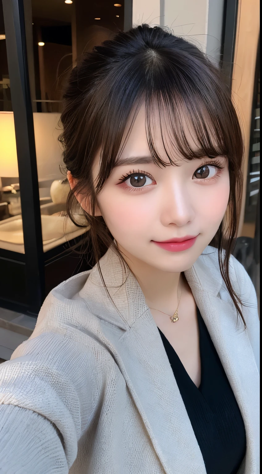 table top, highest quality, shape, Super detailed, finely, High resolution, 8k wallpaper, 完璧なダイナミックな構shape, beautiful and detailed eyes, Gorgeous and stylish black fluffy latest Tokyo winter clothes,ランダムなcute髪,small breasts,natural color lip, bold sexy pose,smile、20 year old girl、cute、sexy shot looking at camera,Always blur the background,perfect and beautiful face,Take only the face,beautiful and detailed face、slim face and style,Big eyes、Do gal makeup