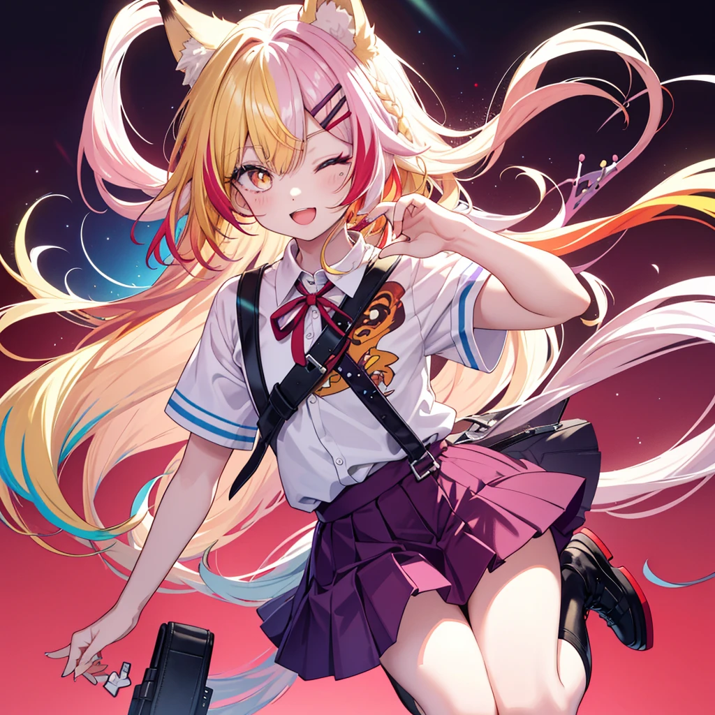 (Halftone), (masterpiece), (best quality), (official art, extremely detailed CG unity 8k wallpaper), (perfect anatomy), (highly detailed), ((absurdness)), (best shadow), (perfect anatomy), (detailed background), (perfect eyes), sharp focus, simple background, splashed color, flashy colors, a anime girls with red and yellow color and blond hair, 1girl, solo, gyaru, one eye closed, red background, blonde hair, fox ears, tail, multicolored hair, bag, skirt, purple eyes, nail polish, cute hair clip, streaked hair, long hair, braid, shirt, hair ornament, fox tail, fox girl, smile, white shirt, shoes, open mouth, short sleeves, looking at viewer, pleated skirt, heart, COLORFULMIX, MULTICOLORED HAIR, WAVY HAIR, pop art style, colored eyelashes, yellow eyelashes, multicolored eyes, multicolored hair, glowing eyes, bright pupils,
