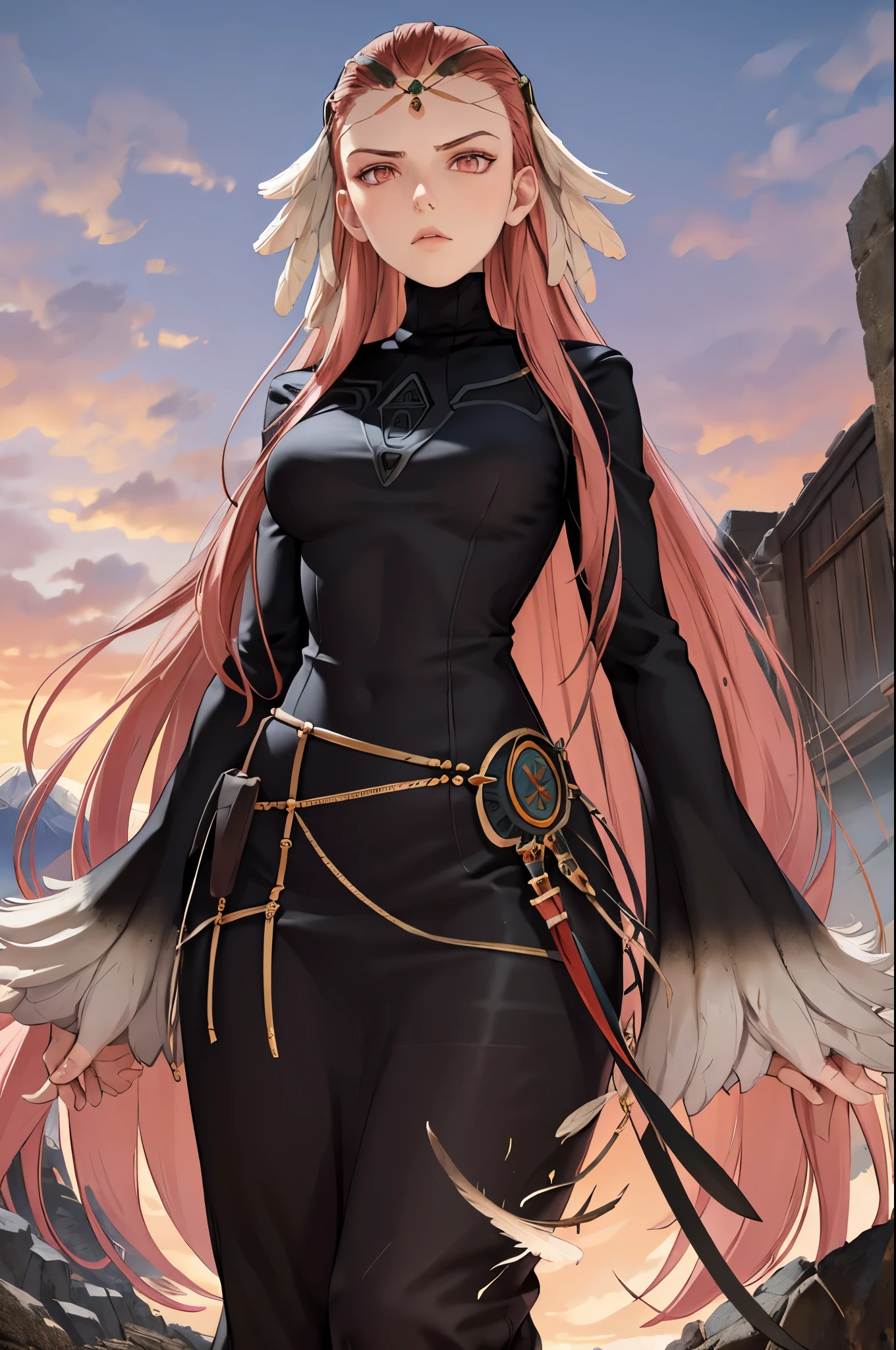 masterpiece, best quality, ashera, feathers, hair ornament, circlet, black dress, standing, looking at viewer, furrowed brow, from below, purple sky, wasteland, mountains