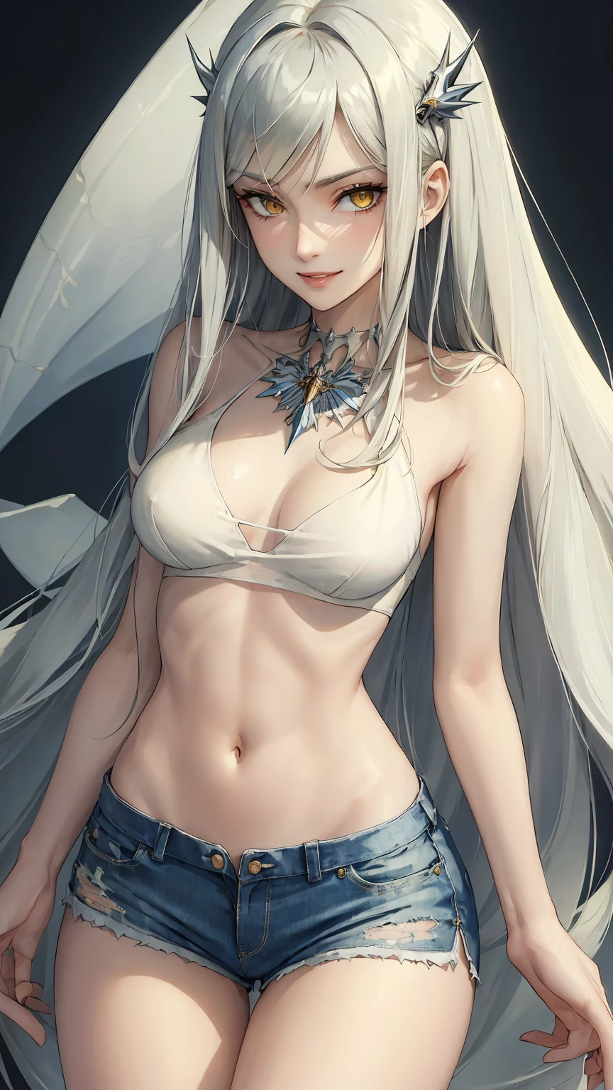 ((((masterpiece, best quality, high resolution)))), (1girl:1.5), ((long silky hair, silver hair, yellow eyes, sharp eyes)), (medium breasts:1.2), blush, (cheeky smile, parted lips), glow, thighs, bare shoulders, collarbone, narrow waist, (slender body figure), (beautiful detailed face, beautiful detailed eyes), ((sheer white crop top, shorts)), (standing up), looking at viewer, beach, (cowboy shot)