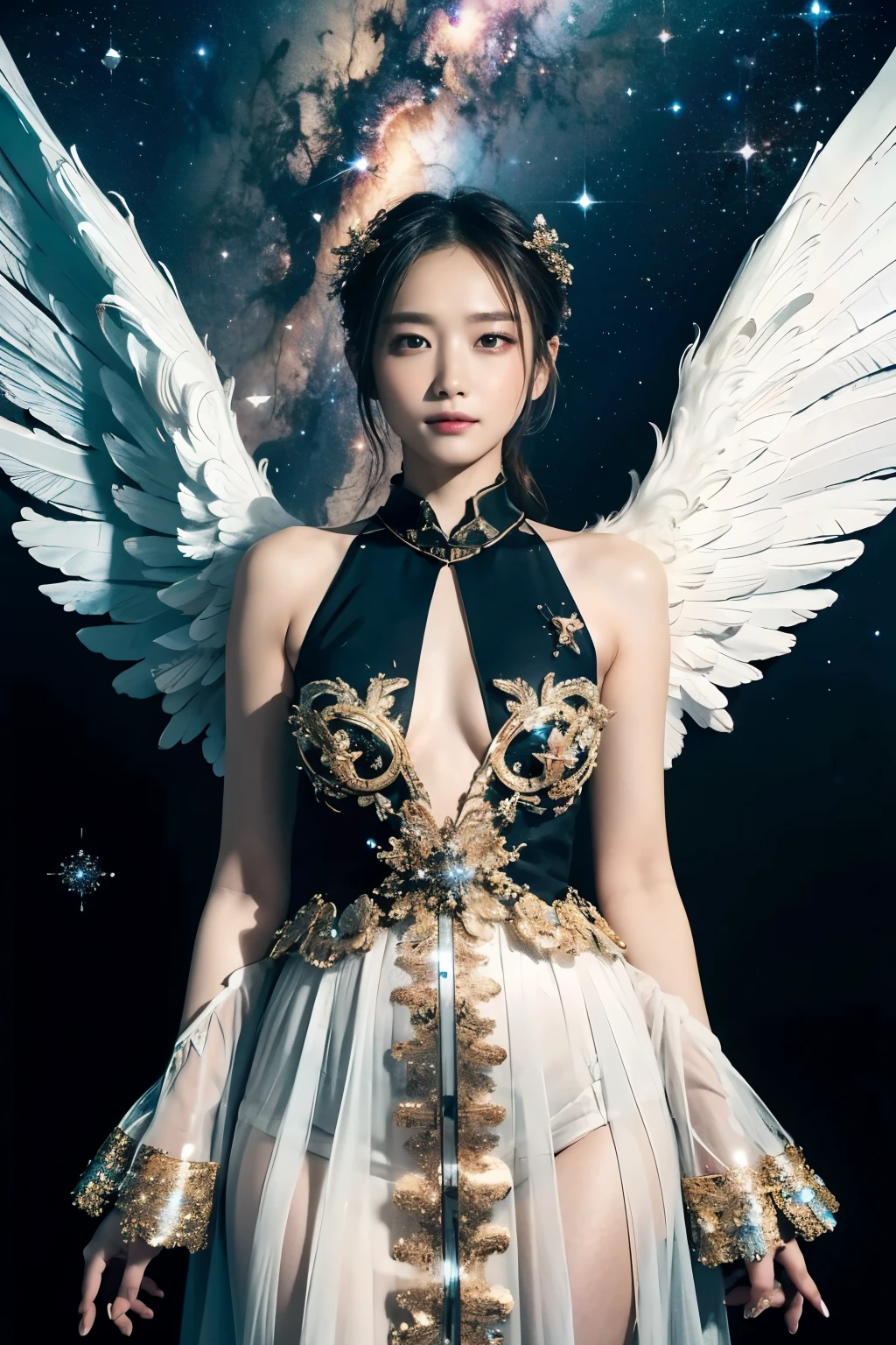 ((Very beautiful angel queen,The final form as a perfect angel, the masterpiece of an angel,Huge and intricate angel wings,The most dignified wings,Golden light,shining background,The most opulent and holy temple background,White and gold temple background,King of Angels,The most dignified angel,Intricate and solemn dresses,Light blue and gold embellishment dress on white,Light blue and gold dress on white base,Complex and majestic angel figure,The most majestic figure of the devil,The most intricately depicted figure of an angel,The World's Most Beautiful,Unimaginable beauties,divine atmosphere,The most intricate and beautiful dresses,Intricate reproduction of the perfect angelic detail,The figure of an unimaginably gorgeous angel,The figure of an unimaginably huge angel)), (((Tyndall effect;1.45))), ((Most beautiful face,Half Japan and half Spanish,The biggest happy smile,Beautiful wavy hair,Black and red hair,The most luxurious and intricate dresses,The biggest smile looking at the camera)),(Elegant standing figure,Fold your hands in front of your navel,)),Chest that seems to burst,Giant wings of angels,The background is the appearance of a perfect angel castle,Masterpiece,8K,very intricate,ultra-detailliert, nsfw