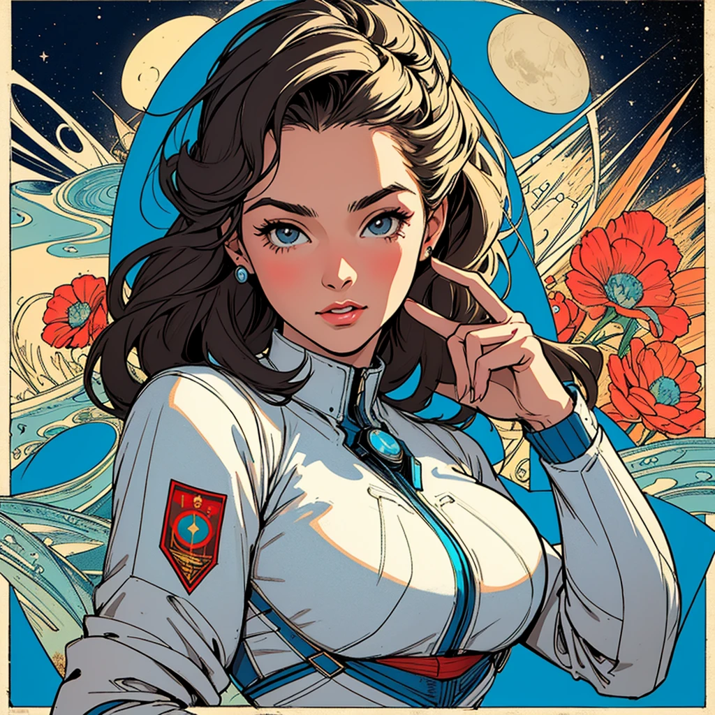 (((highest quality))),masterpiece,1 woman,((the perfect person)),((Super beautiful woman)),detailed perfect face,retro,vintage,classic,60's,70's,80&#39;s,old movie posters,abstract,((スペーススリラーmovie poster)),(Futuristic),Geometric pattern,very delicate,movie poster_white frame,universe,Milky Way,planet,,propaganda,universe飛行士,breast enhancement,